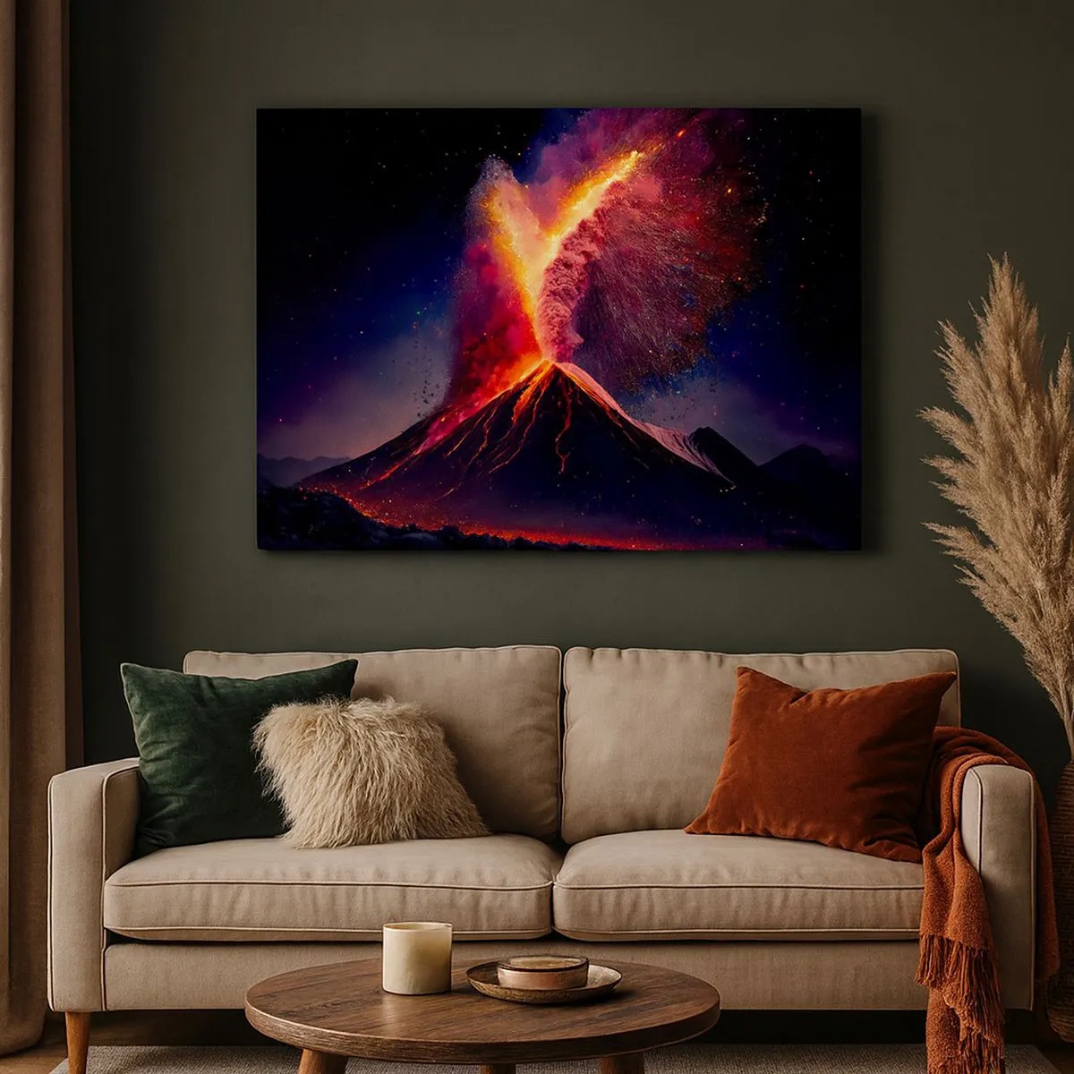Cuadro sobre lienzo - Impresión de Imagen - Una erupción volcánica única por la noche con colores dinámicos. - 70x50cm - Belleza y horror - Decoración de pared moderna para salón y dormitorio ARTTOR