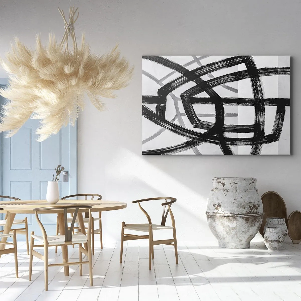 Cuadro sobre lienzo - Impresión de Imagen - Líneas abstractas en blanco y negro que se cruzan sobre un fondo claro - 70x50cm - Construir profundidad - Decoración de pared moderna para salón y dormitorio ARTTOR