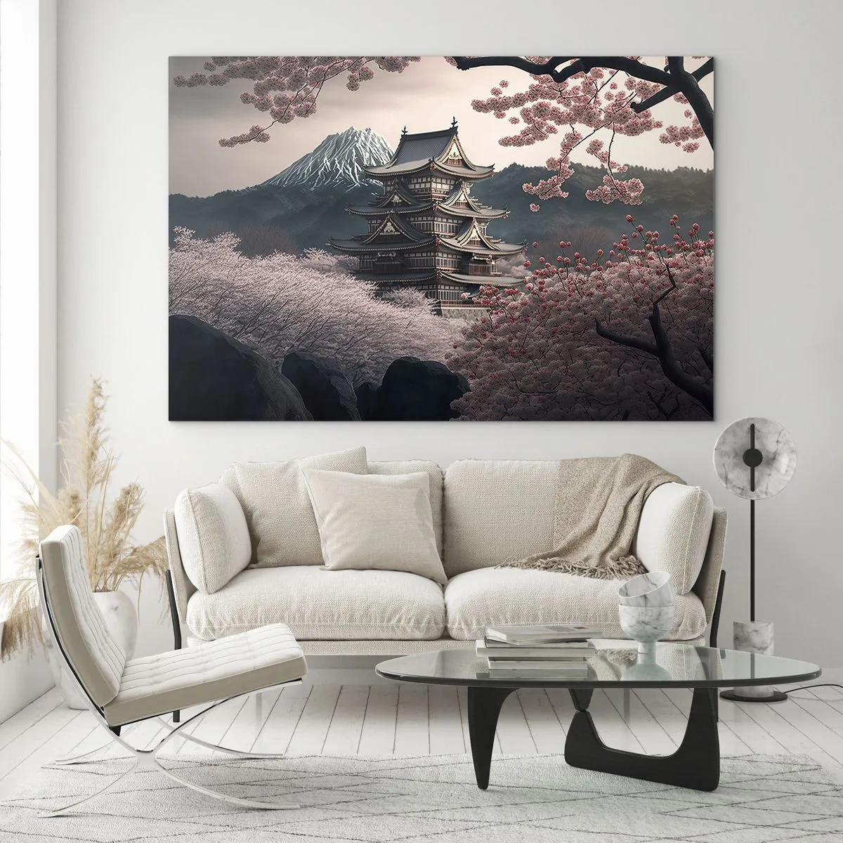 Cuadro sobre vidrio - Impresiones sobre Vidrio - Una pagoda japonesa tradicional entre flores de cerezo y montañas. - 70x50cm - Tierra de cerezos en flor - Decoración de pared moderna para salón y dormitorio ARTTOR