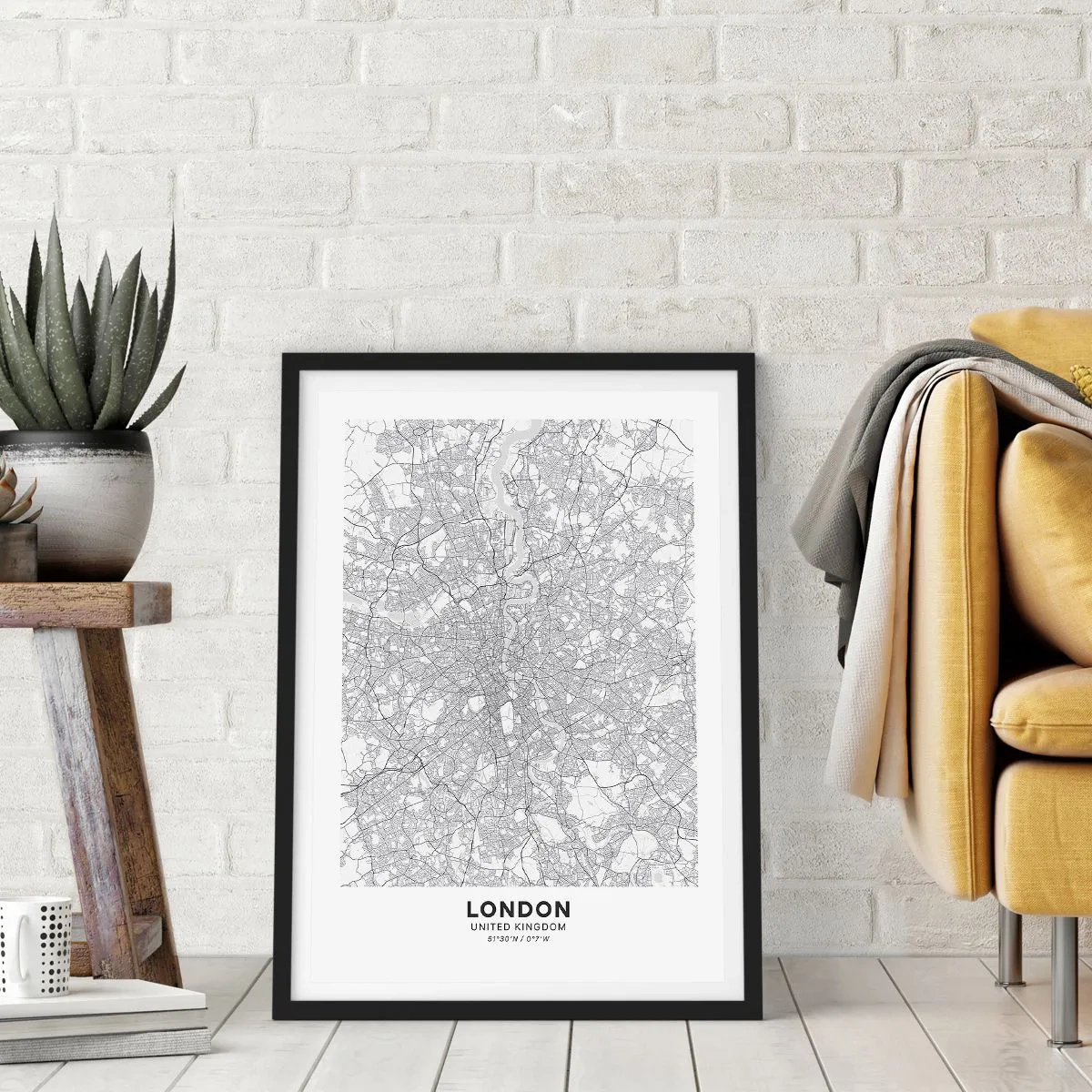 Póster en marco negro - Mapa en blanco y negro de Londres con detalles precisos de las calles - 50x70cm - Un mapa del laberinto de Londres - Decoración de pared moderna para salón y dormitorio ARTTOR