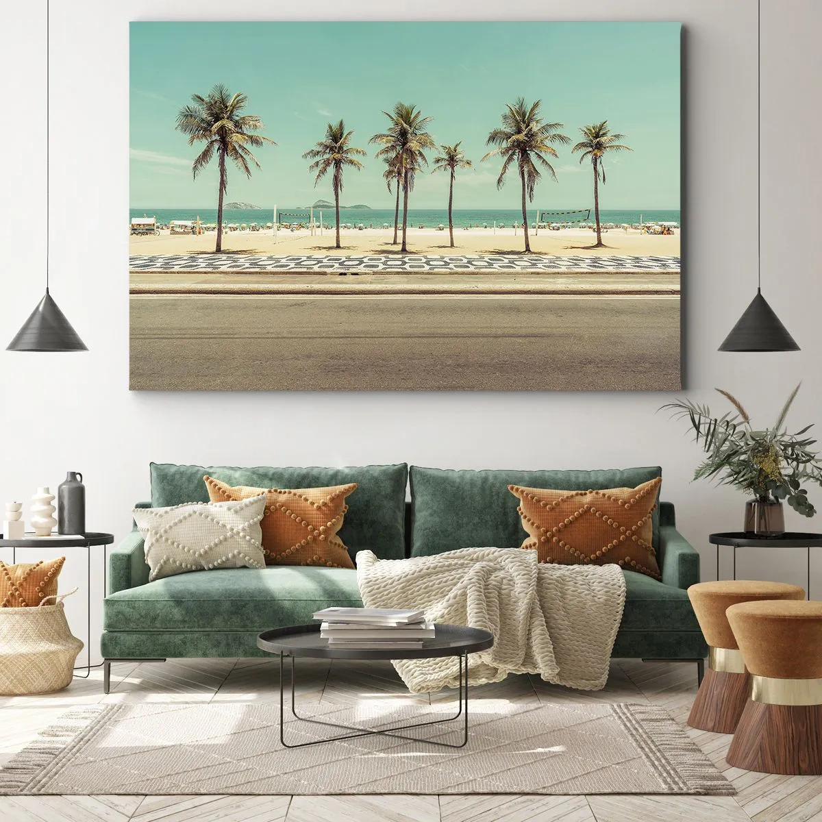 Cuadro sobre lienzo - Impresión de Imagen - Palmeras en la playa con vistas al mar y al cielo azul. - 70x50cm - En la playa - Decoración de pared moderna para salón y dormitorio ARTTOR