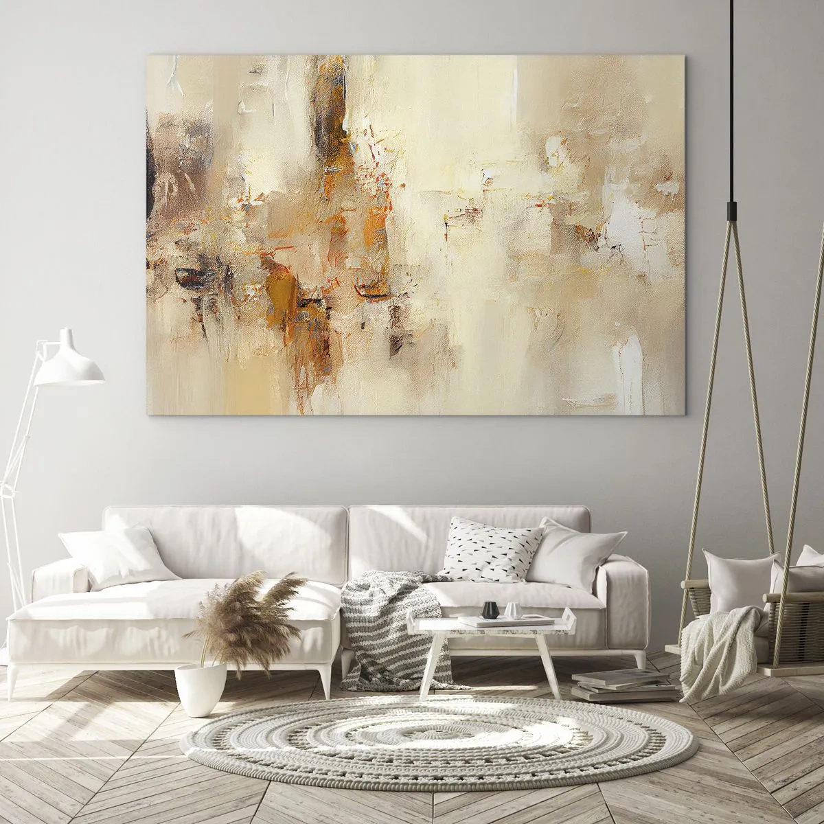 Cuadro sobre vidrio - Impresiones sobre Vidrio - Abstracción en tonos ámbar, beige y marrón. - 70x50cm - El alma del ámbar - Decoración de pared moderna para salón y dormitorio ARTTOR
