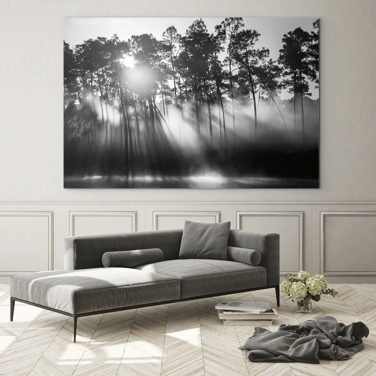 Cuadro sobre vidrio - Impresiones sobre Vidrio - Árboles en blanco y negro en un bosque con rayos de sol en la bruma. - 70x50cm - Sol imparable - Decoración de pared moderna para salón y dormitorio ARTTOR