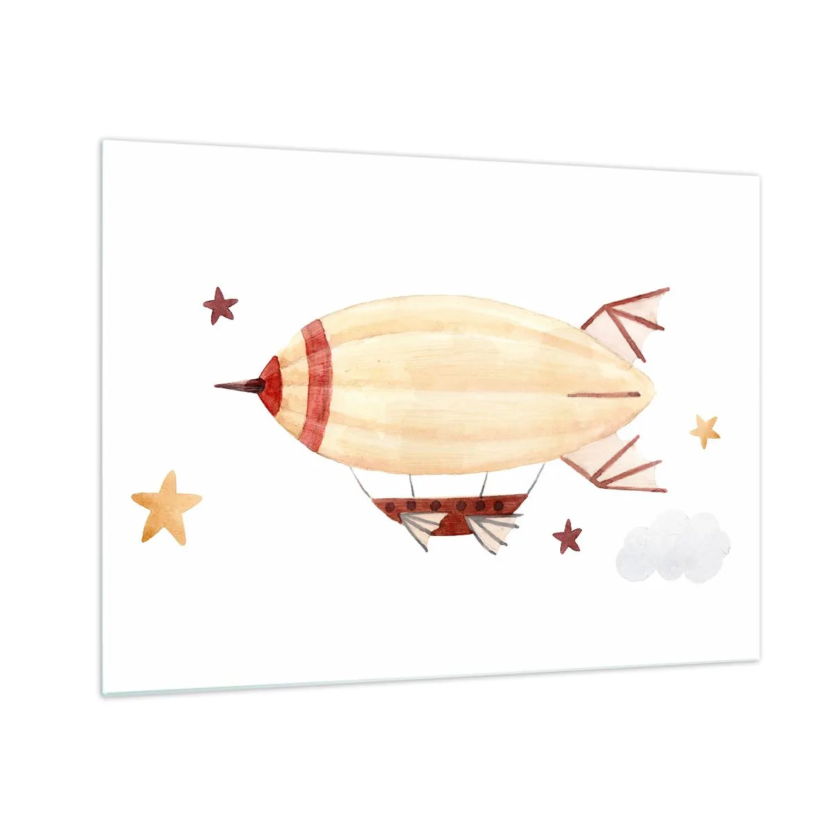Cuadro sobre vidrio - Impresiones sobre Vidrio - Un dirigible de dibujos animados entre las estrellas sobre un fondo blanco. - 70x50cm - Dirigible - Decoración de pared moderna para salón y dormitorio ARTTOR