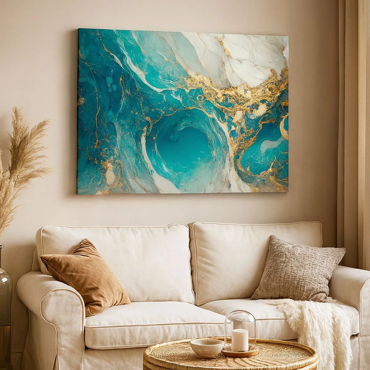 Cuadro sobre lienzo - Impresión de Imagen - Una composición abstracta en tonos turquesa y dorado. - 70x50cm - Composición con vetas de oro - Decoración de pared moderna para salón y dormitorio ARTTOR