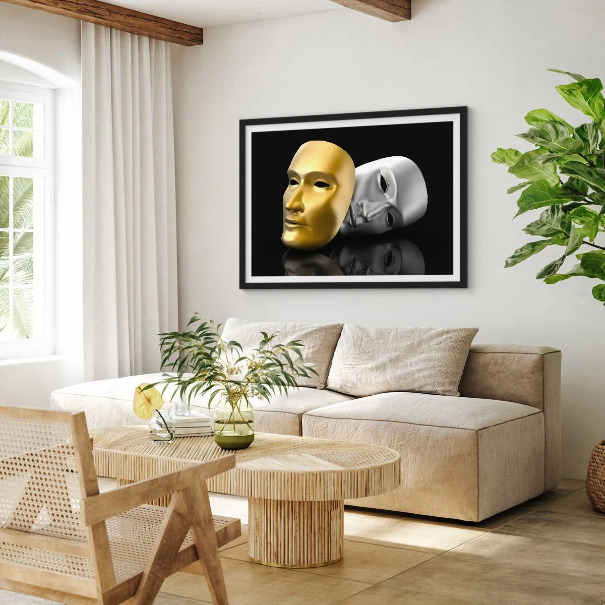 Póster en marco negro - Máscara de oro y plata sobre fondo negro. - 70x50cm - La vida es un teatro - Decoración de pared moderna para salón y dormitorio ARTTOR
