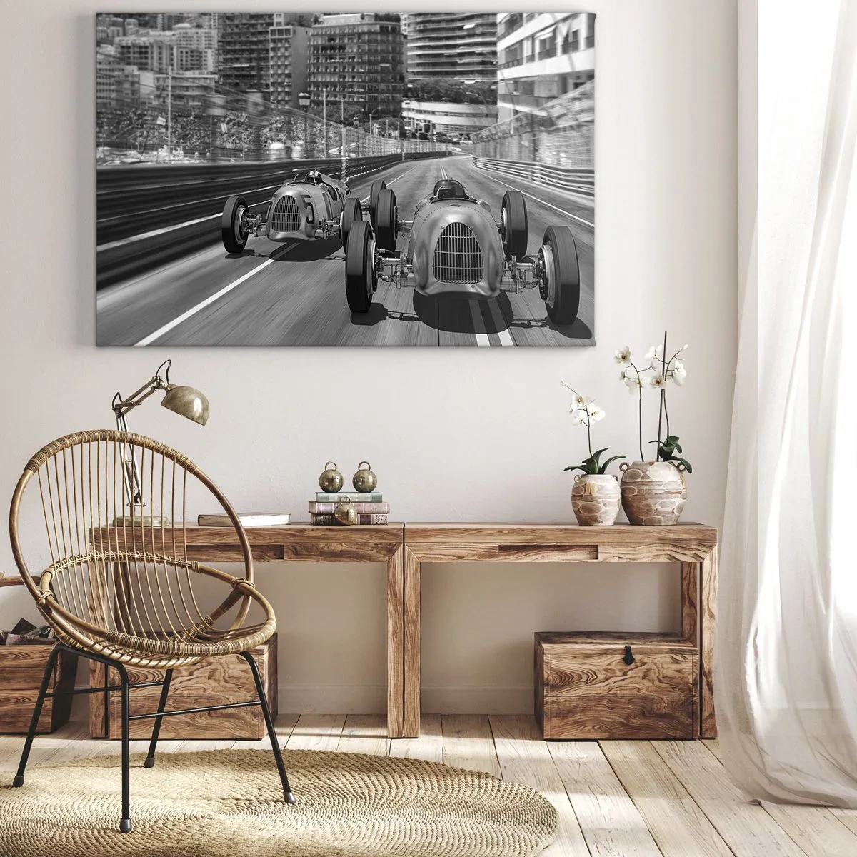 Cuadro sobre lienzo - Impresión de Imagen - Escena de carrera de coches retro monocromática - 70x50cm - Érase una vez en Montecarlo - Decoración de pared moderna para salón y dormitorio ARTTOR
