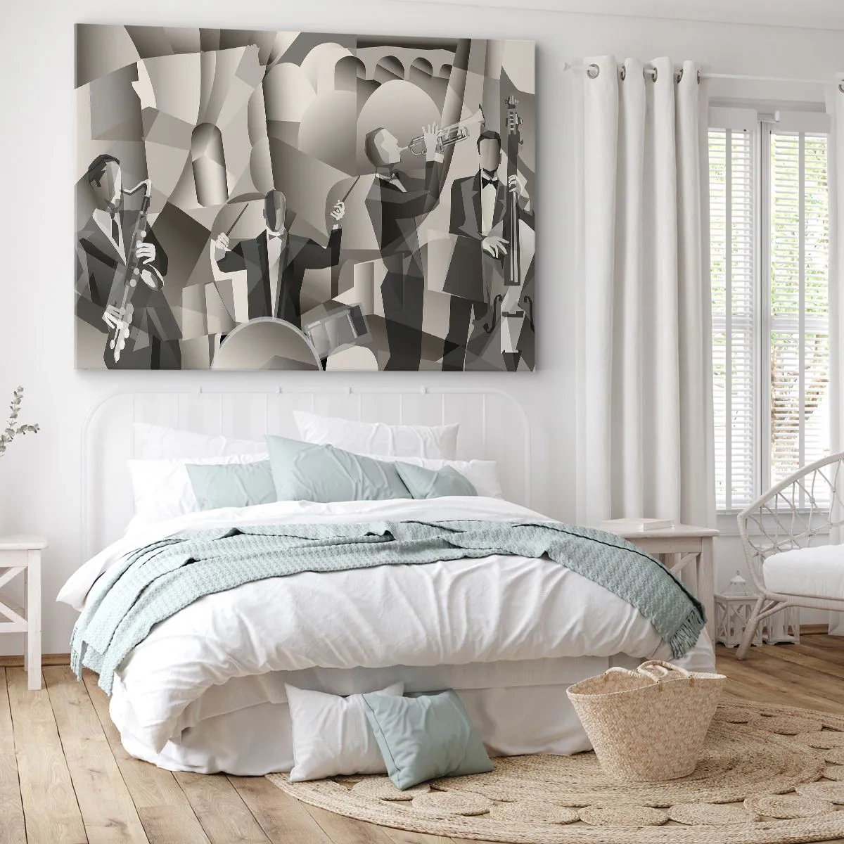 Cuadro sobre lienzo - Impresión de Imagen - Escena abstracta con músicos de jazz en tonos de gris. - 70x50cm - En el espacio de los sonidos - Decoración de pared moderna para salón y dormitorio ARTTOR