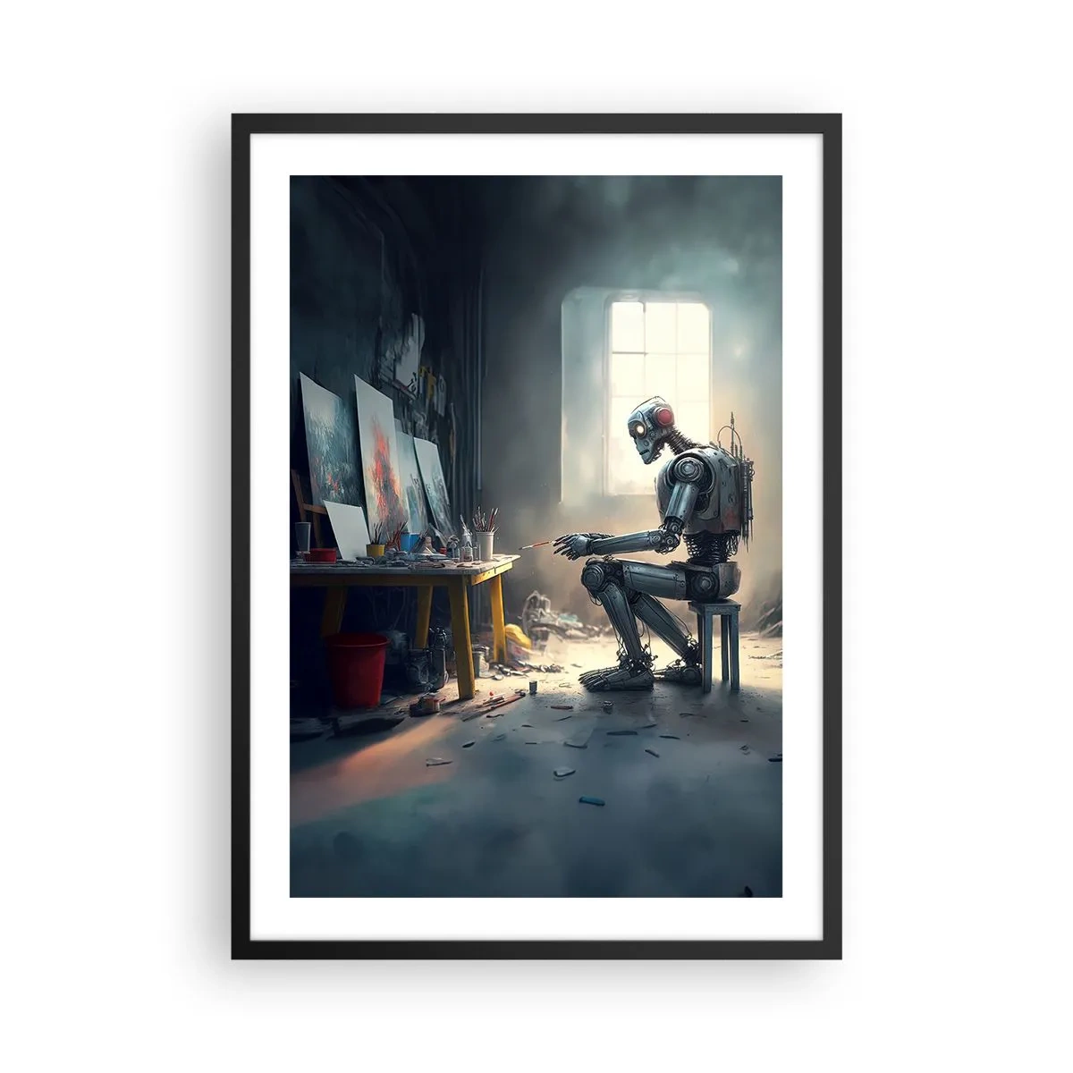 Póster en marco negro - Artista robot pintando cuadros en su estudio - 50x70cm - El acto de creación - Decoración de pared moderna para salón y dormitorio ARTTOR