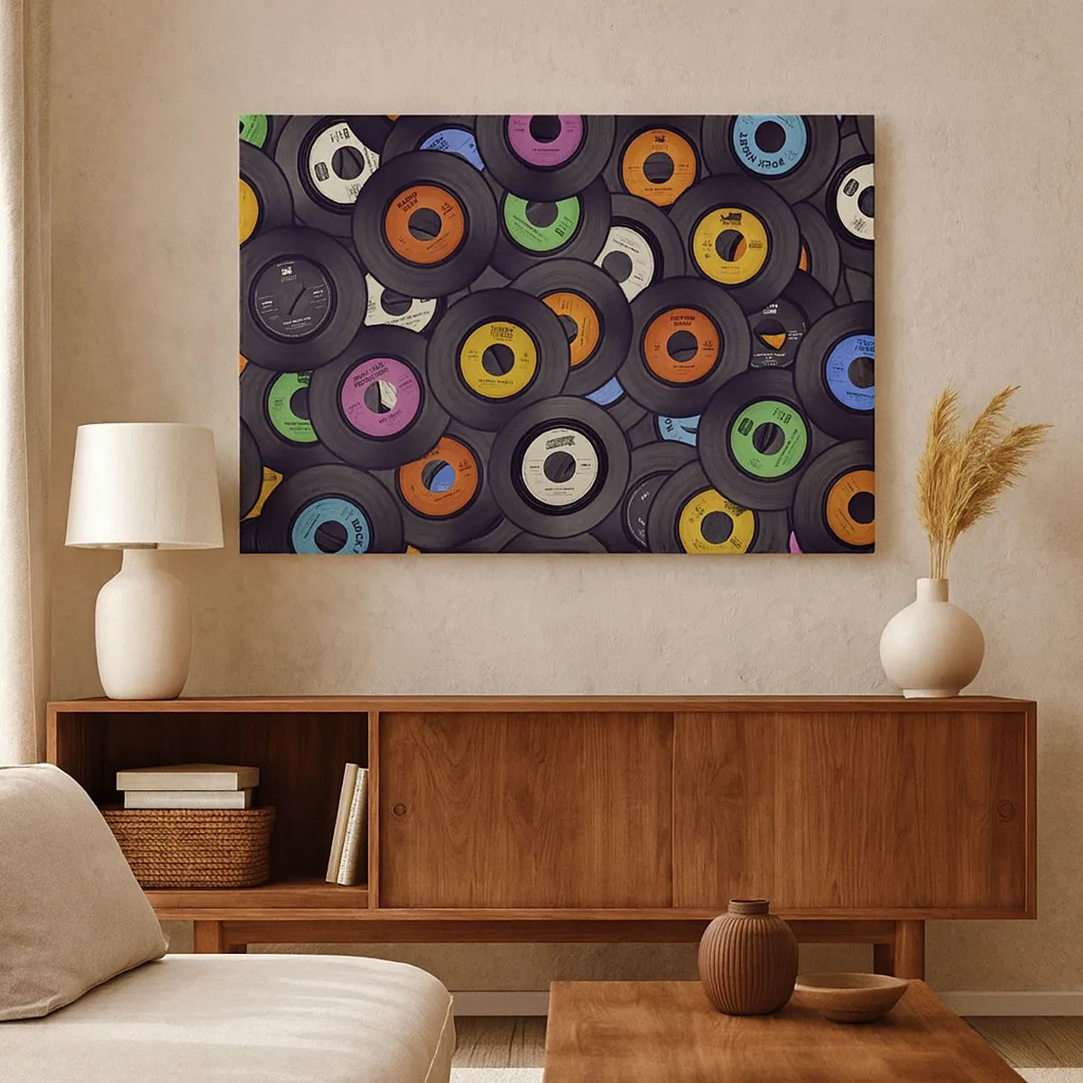 Cuadro sobre lienzo - Impresión de Imagen - Vinilos de colores apilados uno encima del otro - 70x50cm - Colores de los clásicos - Decoración de pared moderna para salón y dormitorio ARTTOR