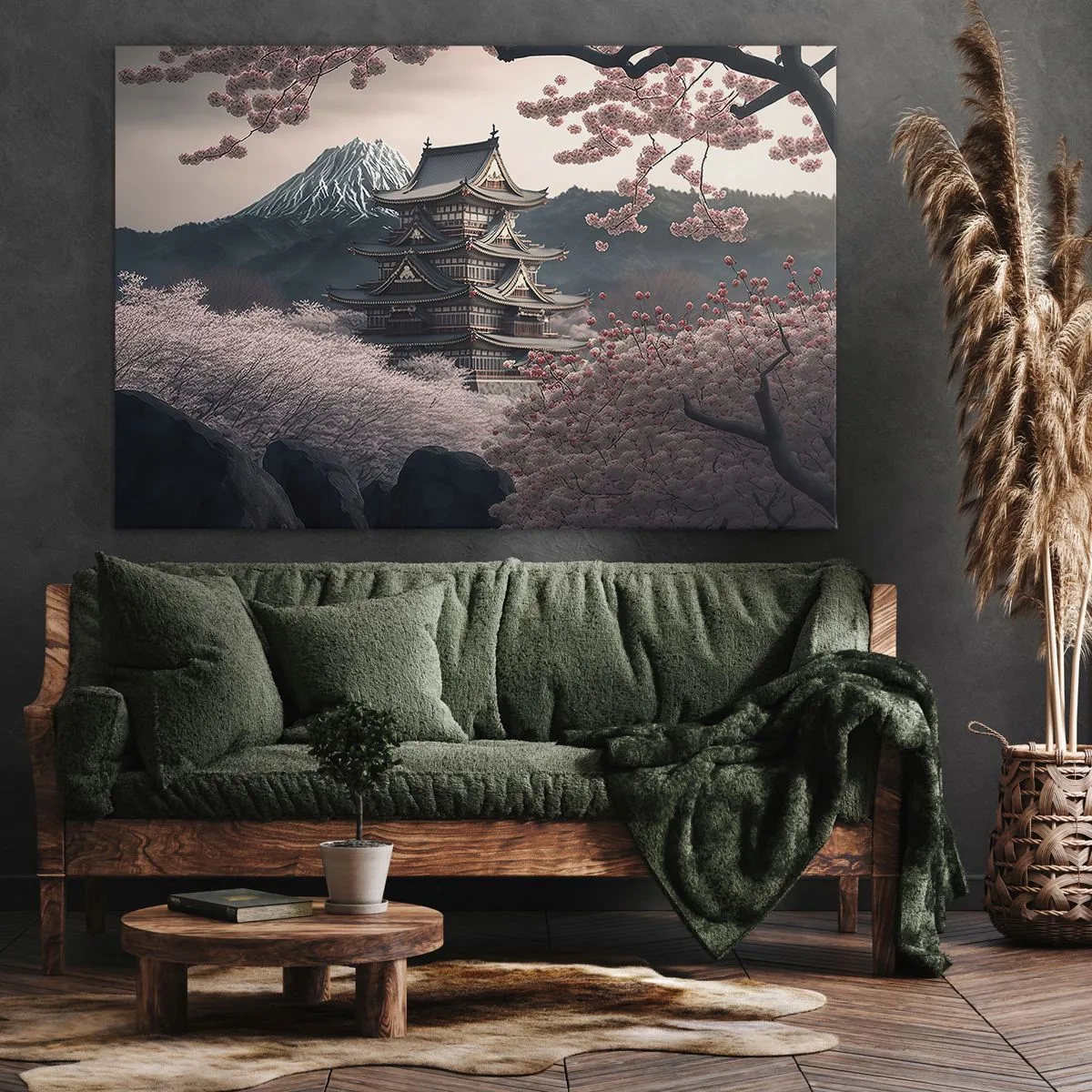 Cuadro sobre lienzo - Impresión de Imagen - Un templo japonés rodeado de flores de cerezo y montañas. - 70x50cm - Tierra de cerezos en flor - Decoración de pared moderna para salón y dormitorio ARTTOR