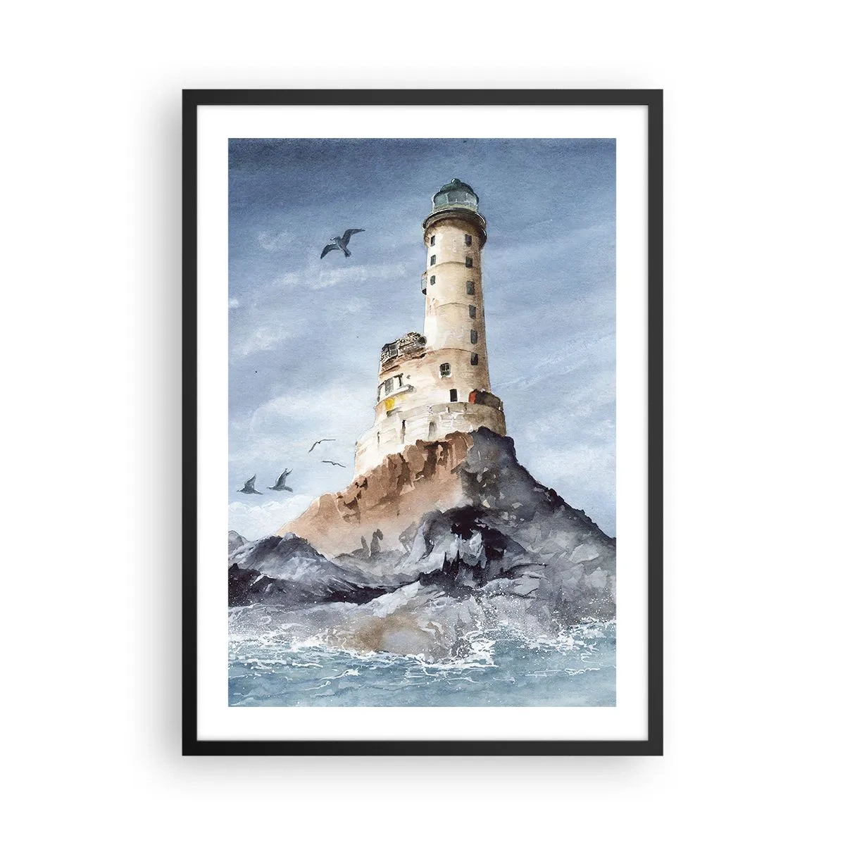 Póster en marco negro - Una pintura de acuarela de un faro en una costa rocosa. - 50x70cm - Invencible - Decoración de pared moderna para salón y dormitorio ARTTOR