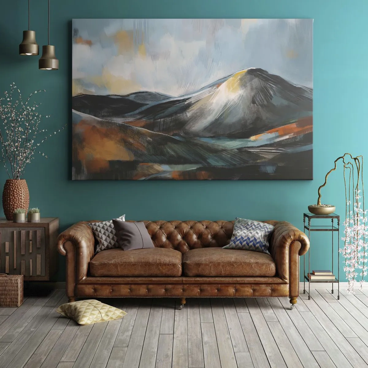 Cuadro sobre lienzo - Impresión de Imagen - Paisaje montañoso abstracto en tonos cálidos - 70x50cm - Crudo y bello - Decoración de pared moderna para salón y dormitorio ARTTOR