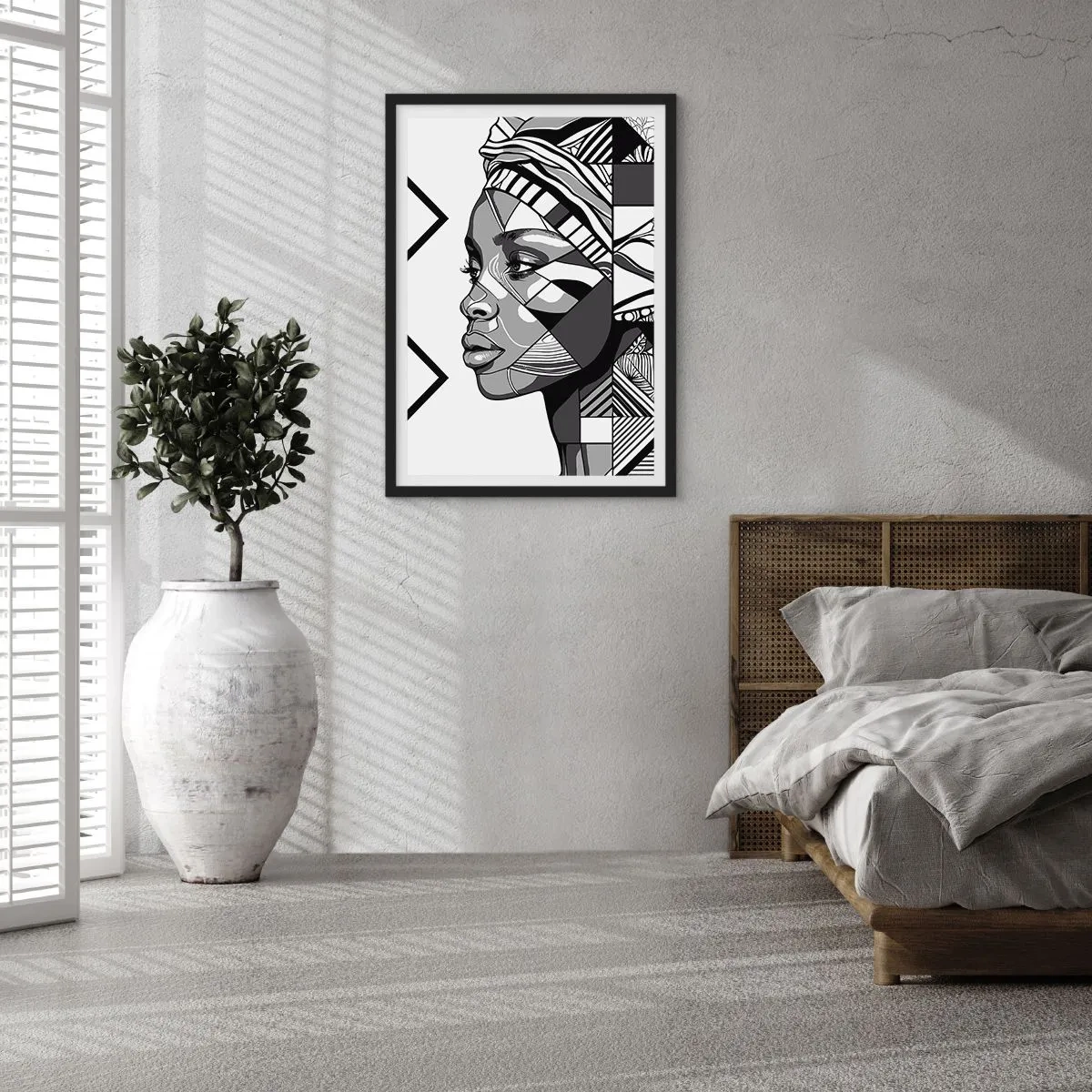 Póster en marco negro - Retrato geométrico de una mujer en blanco y negro. - 50x70cm - Retrato étnico - Decoración de pared moderna para salón y dormitorio ARTTOR