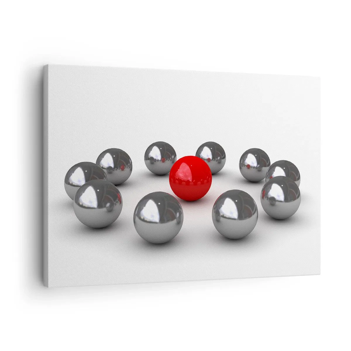 Cuadro sobre lienzo - Impresión de Imagen - Una bola roja rodeada de bolas plateadas sobre un fondo blanco. - 70x50cm - Círculo en plata y rojo - Decoración de pared moderna para salón y dormitorio ARTTOR