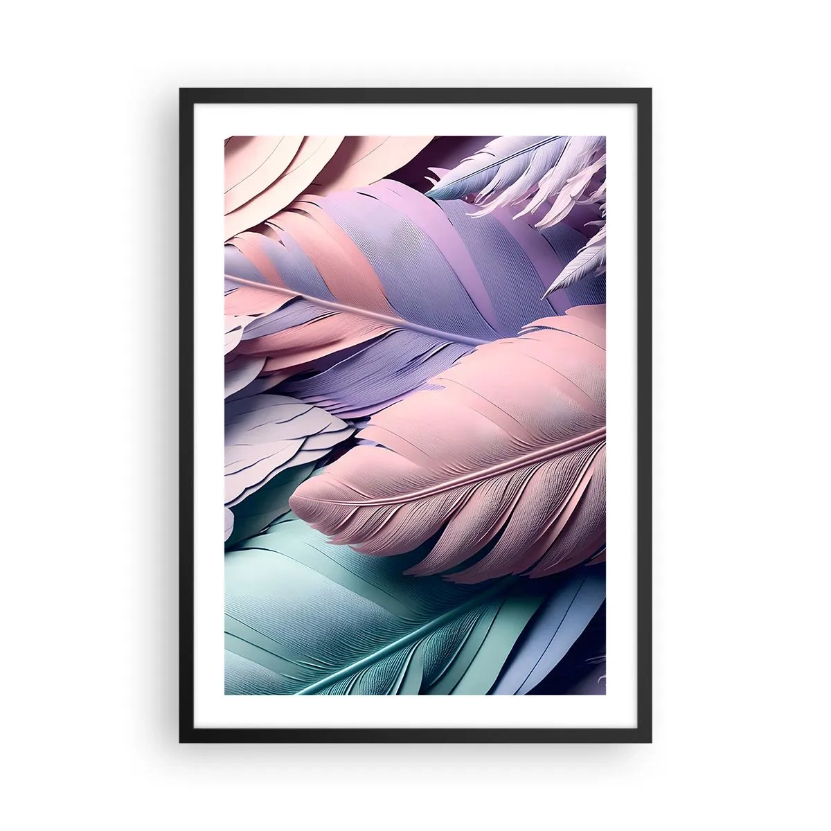 Póster en marco negro - Plumas pastel en tonos delicados - 50x70cm - Pájaro chic - Decoración de pared moderna para salón y dormitorio ARTTOR