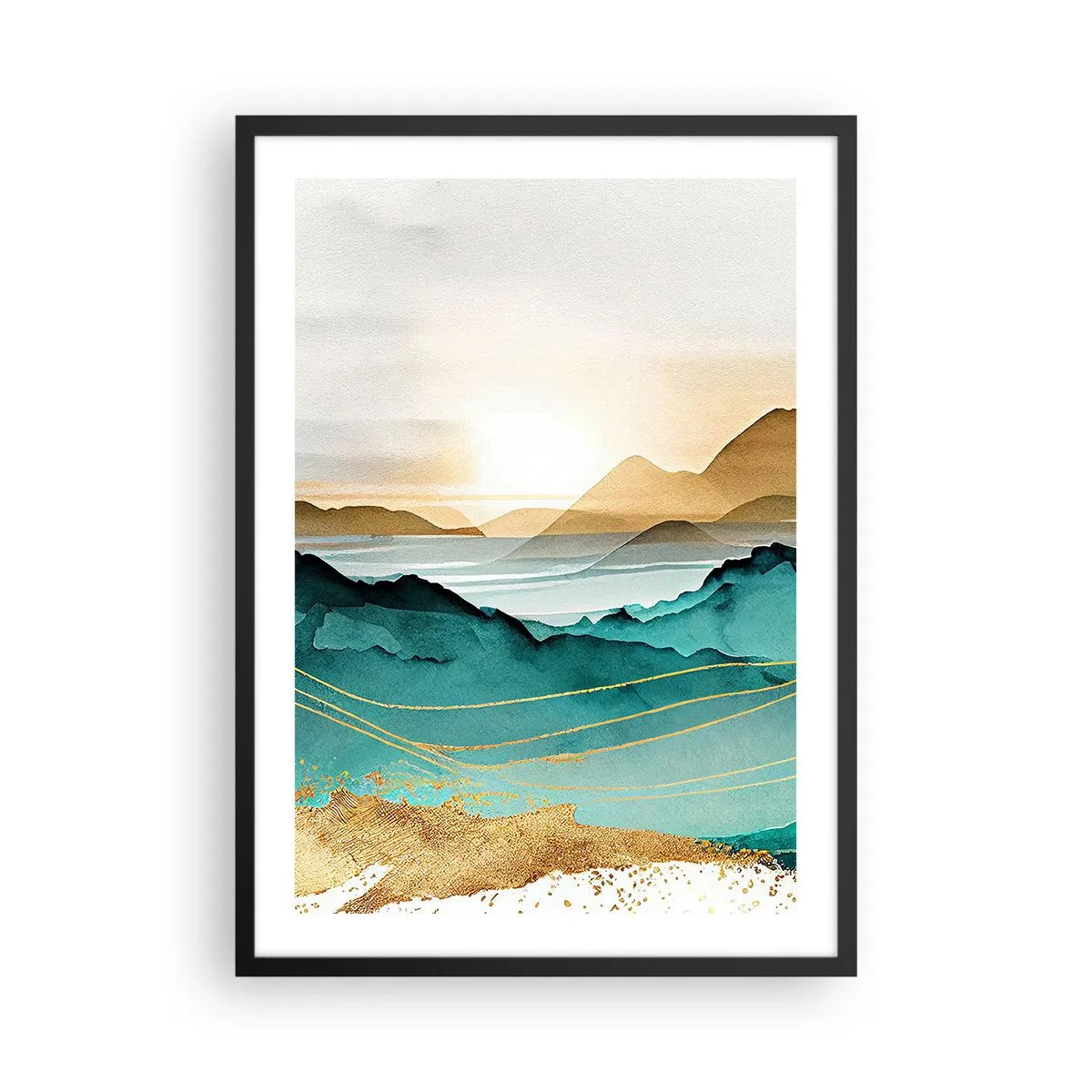 Póster en marco negro - Un pintoresco paisaje montañoso en tonos turquesa y dorado. - 50x70cm - Al borde de la abstracción - paisaje - Decoración de pared moderna para salón y dormitorio ARTTOR