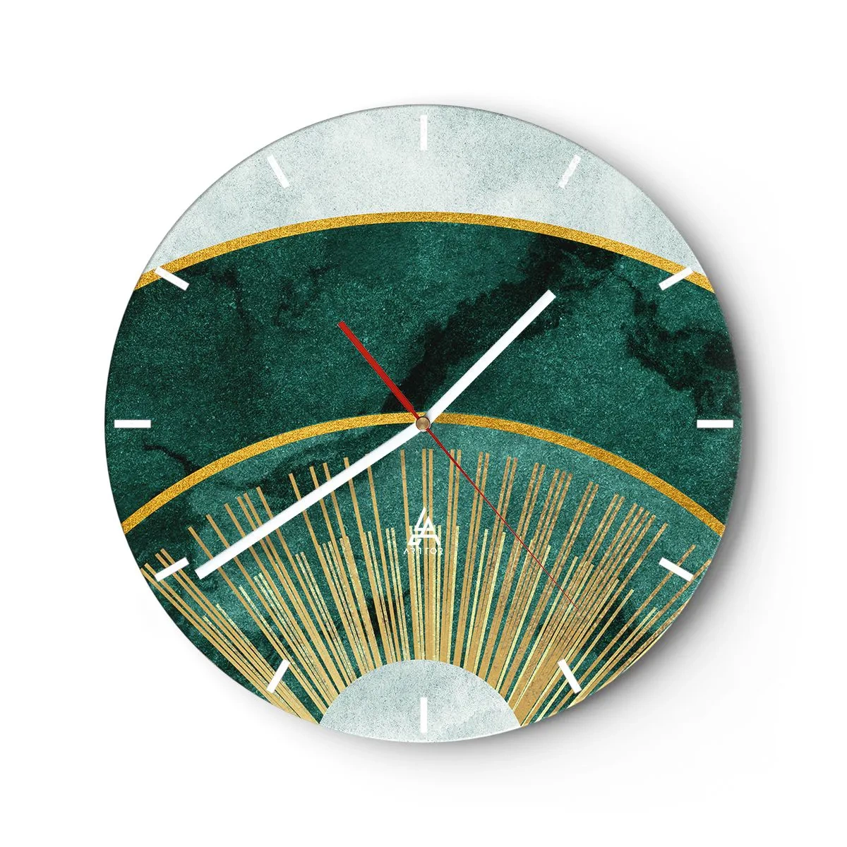 Reloj de pared - Reloj de vidrio - Gráficos verdes y dorados con rayos que recuerdan a un amanecer. - 30x30cm - Un sistema solar diferente - Decoración de pared moderna para salón, cocina y dormitorio ARTTOR