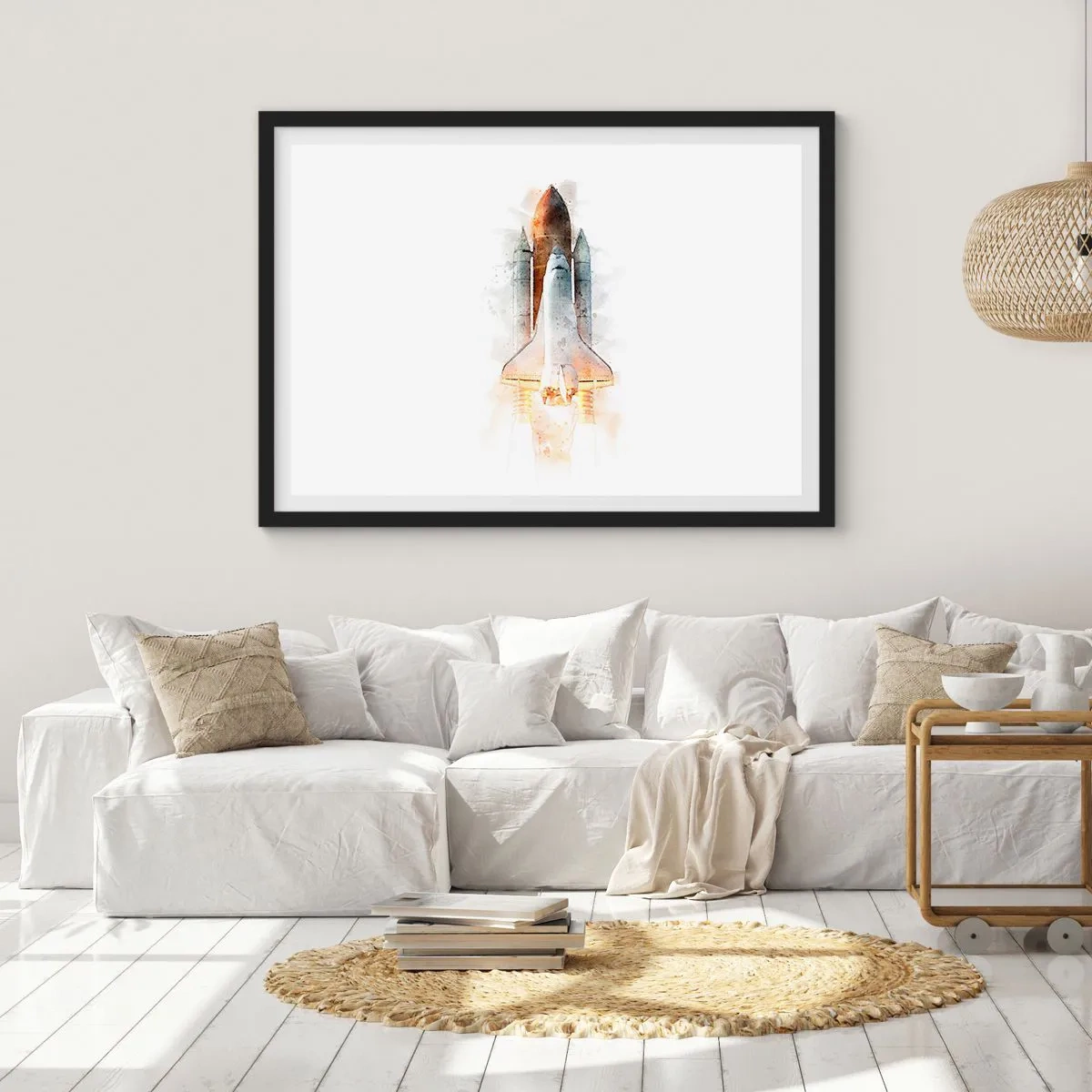 Póster en marco negro - Una interpretación artística en acuarela de un transbordador espacial despegando. - 70x50cm - El comienzo de la exploración - Decoración de pared moderna para salón y dormitorio ARTTOR