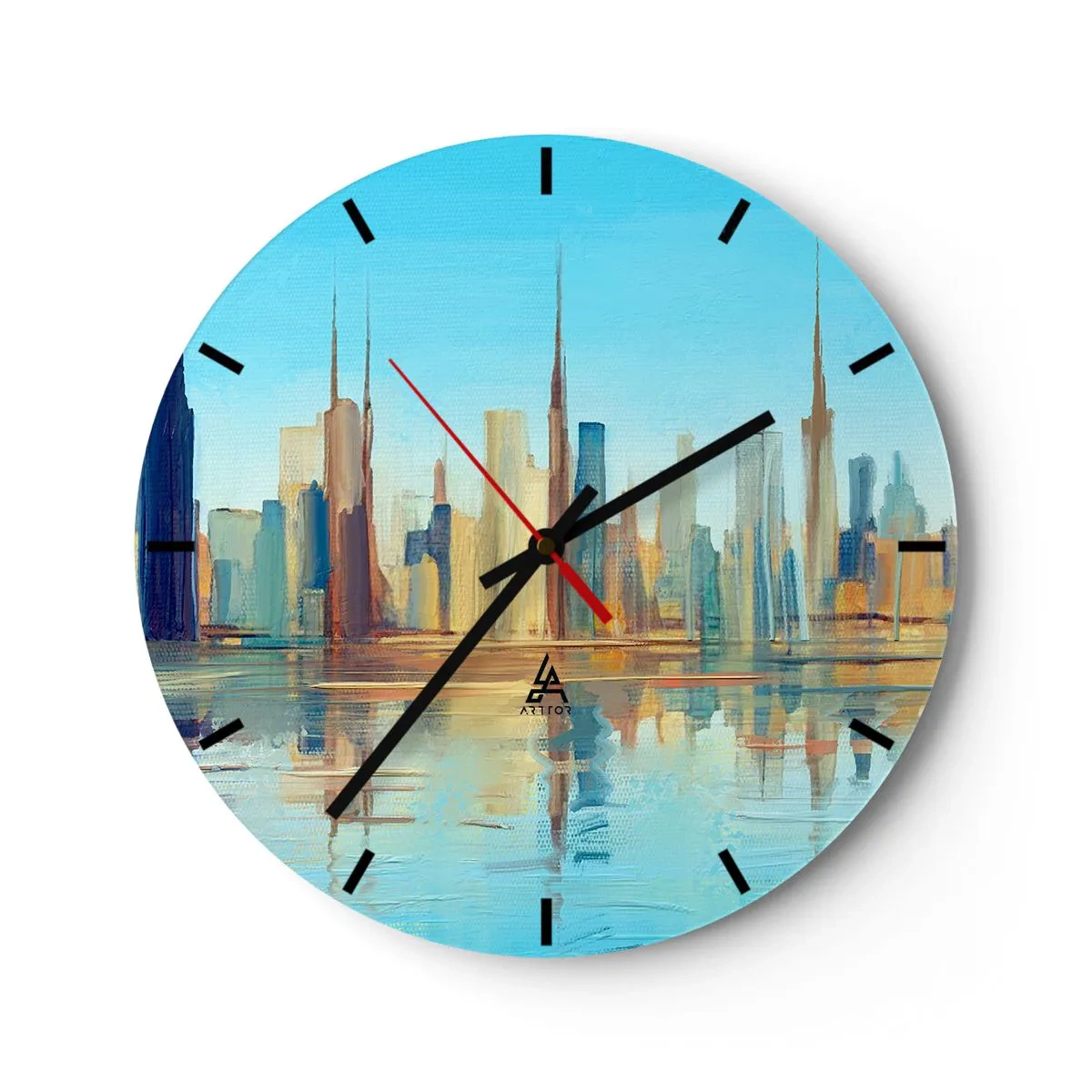 Reloj de pared - Reloj de vidrio - El panorama de la ciudad reflejado en el agua en tonos brillantes. - 30x30cm - Metrópolis soleada - Decoración de pared moderna para salón, cocina y dormitorio ARTTOR