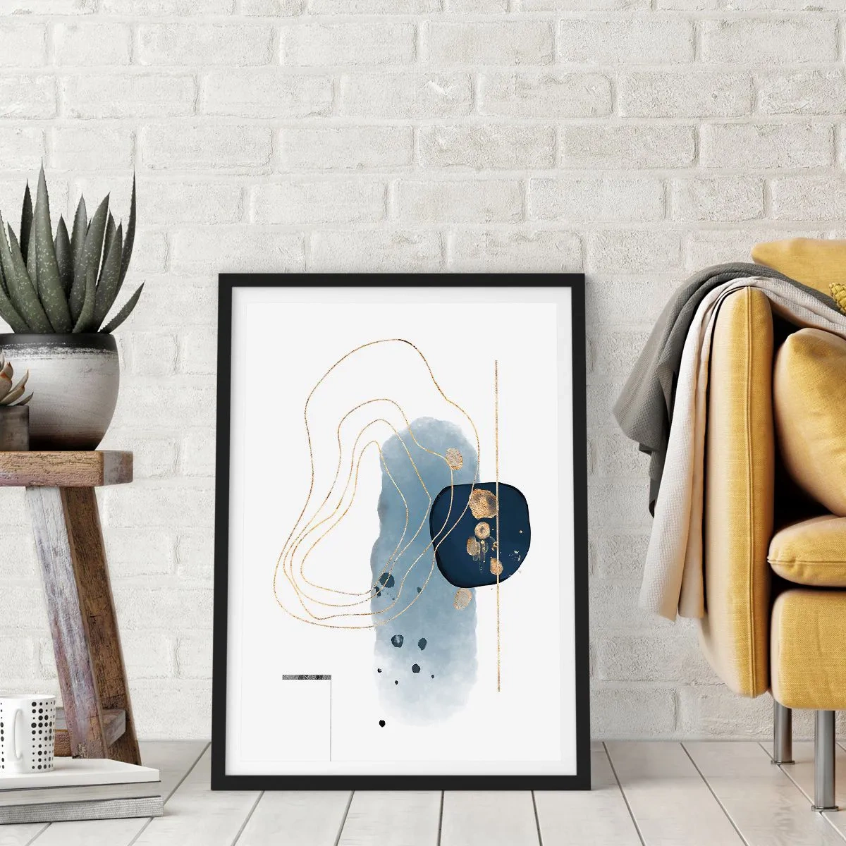 Póster en marco negro - Una composición abstracta moderna en tonos azules y dorados. - 50x70cm - Fantasía azul y oro - Decoración de pared moderna para salón y dormitorio ARTTOR