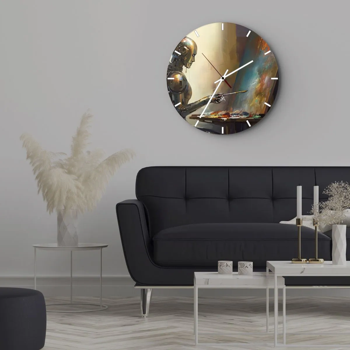 Reloj de pared - Reloj de vidrio - Un robot pintando un cuadro en un caballete. - 30x30cm - Arte del futuro - Decoración de pared moderna para salón, cocina y dormitorio ARTTOR