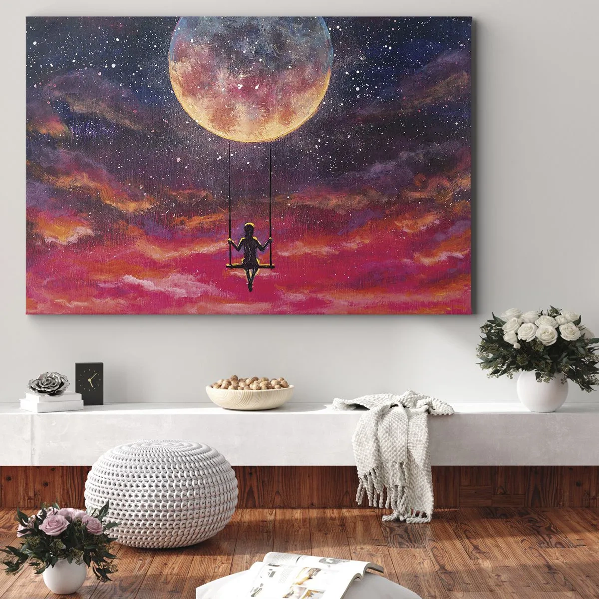 Cuadro sobre lienzo - Impresión de Imagen - Una figura en un columpio suspendido contra la luna. - 70x50cm - Disfrutar de las nubes - Decoración de pared moderna para salón y dormitorio ARTTOR
