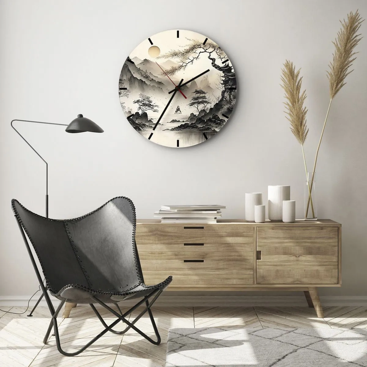 Reloj de pared - Reloj de vidrio - Pintura en tinta china de un paisaje montañoso con una pagoda y un valle brumoso. - 30x30cm - El encanto único de Oriente - Decoración de pared moderna para salón, cocina y dormitorio ARTTOR