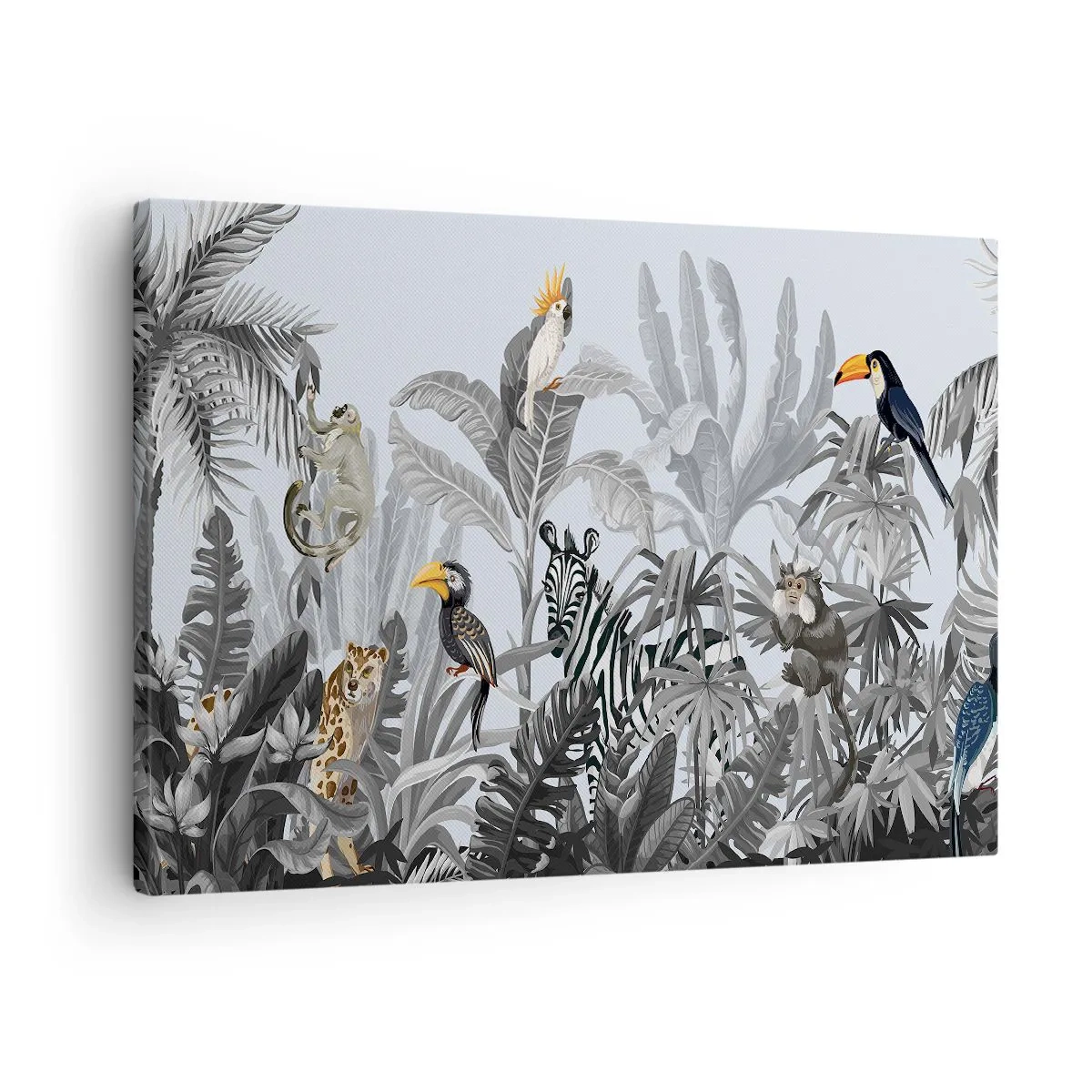 Cuadro sobre lienzo - Impresión de Imagen - Selva tropical con animales exóticos sobre un fondo gris. - 70x50cm - Un cuento de hadas africano - Decoración de pared moderna para salón y dormitorio ARTTOR