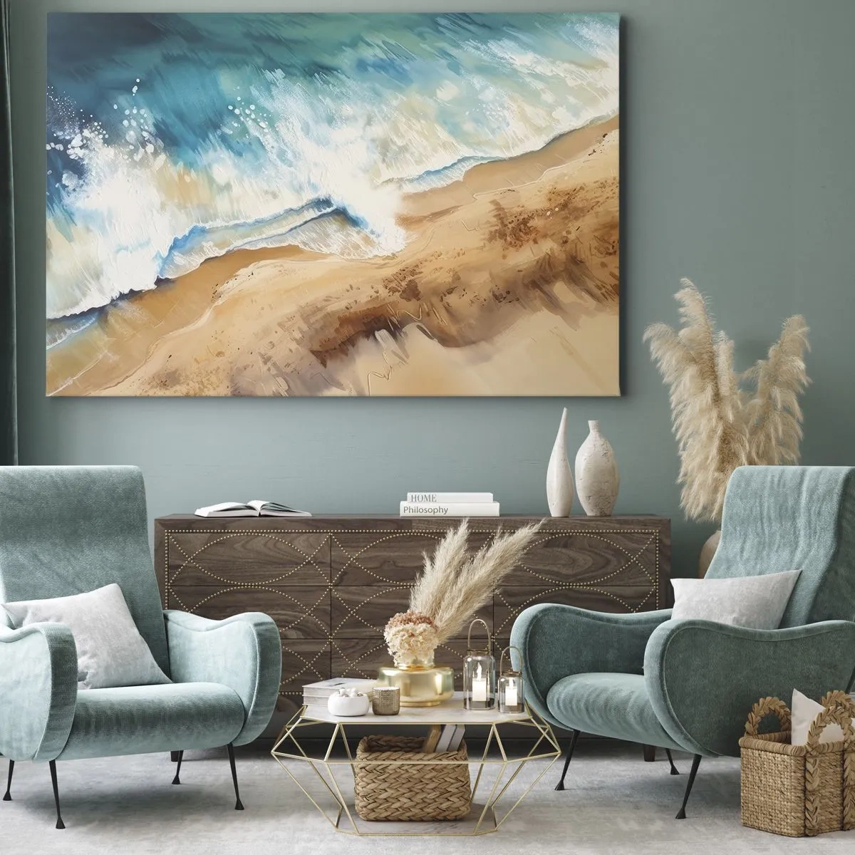 Cuadro sobre lienzo - Impresión de Imagen - Una ola del mar rompiendo contra la orilla arenosa - 70x50cm - Olas recurrentes - Decoración de pared moderna para salón y dormitorio ARTTOR