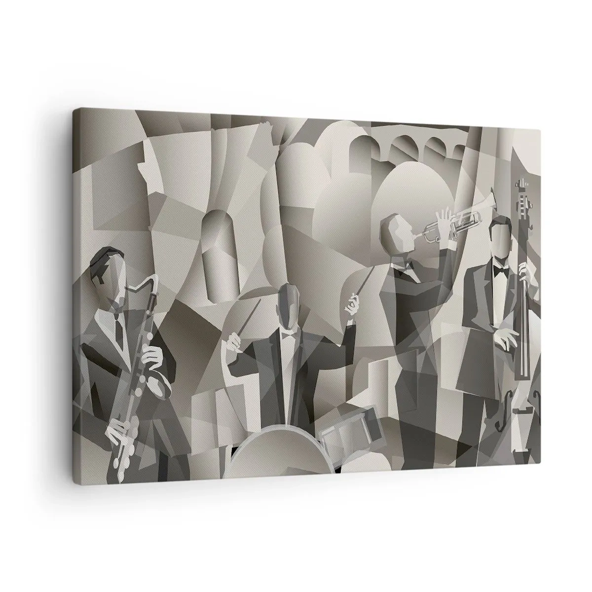 Cuadro sobre lienzo - Impresión de Imagen - Escena abstracta con músicos de jazz en tonos de gris. - 70x50cm - En el espacio de los sonidos - Decoración de pared moderna para salón y dormitorio ARTTOR
