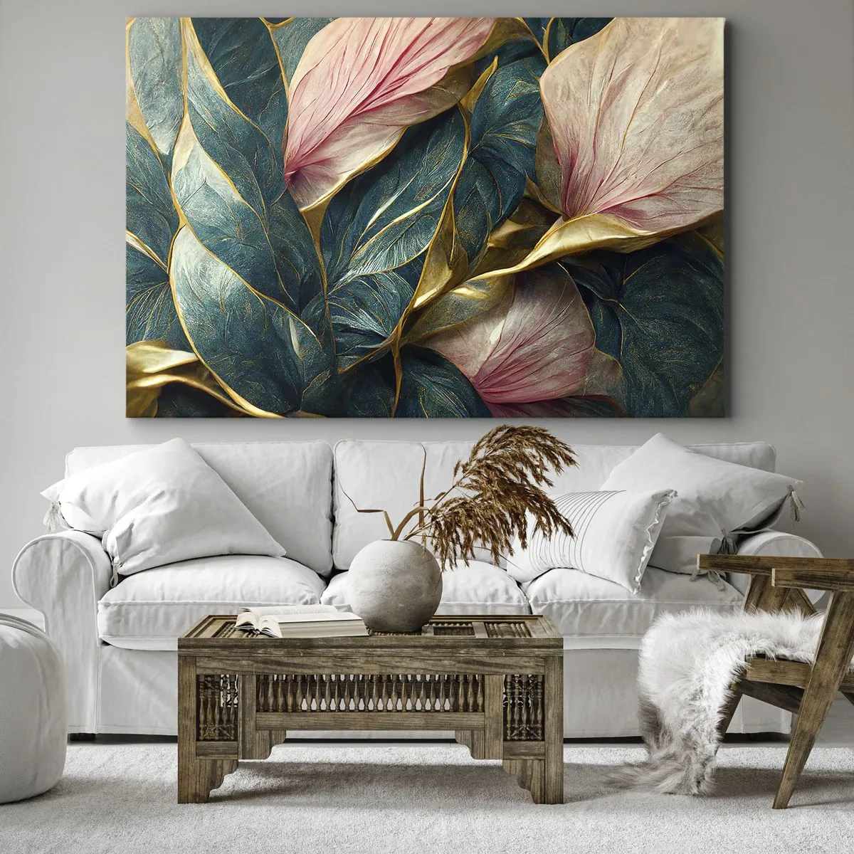 Cuadro sobre lienzo - Impresión de Imagen - Hojas elegantes en verde, dorado y rosa. - 70x50cm - Elegancia y estilo naturales - Decoración de pared moderna para salón y dormitorio ARTTOR