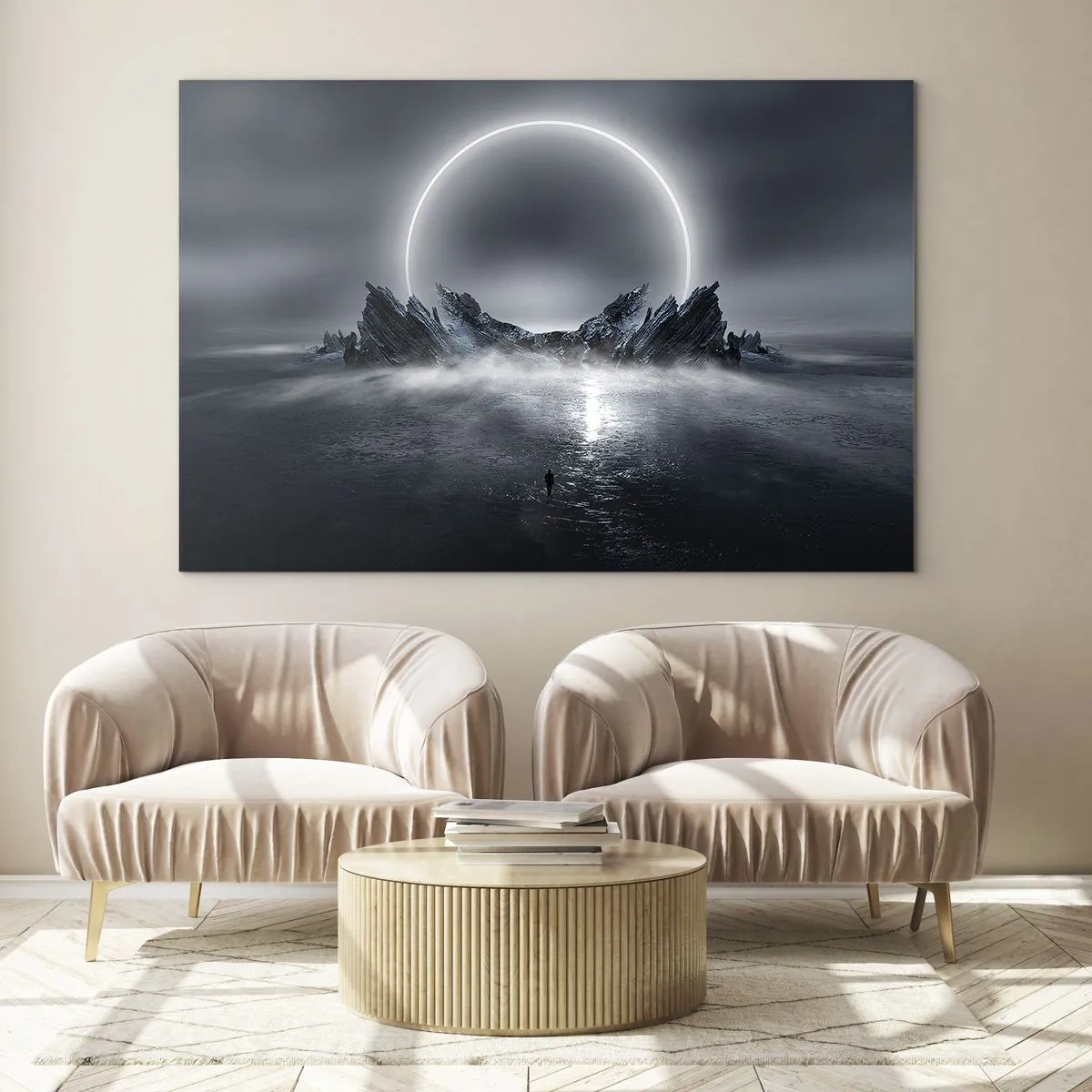 Cuadro sobre vidrio - Impresiones sobre Vidrio - Escena oscura con eclipse e isla rocosa. - 70x50cm - El final del cuento - Decoración de pared moderna para salón y dormitorio ARTTOR