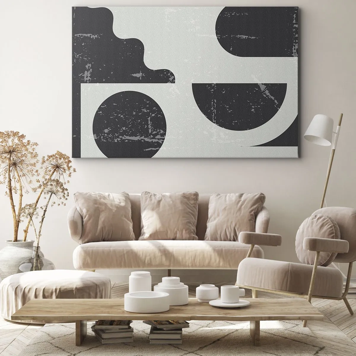 Cuadro sobre lienzo - Impresión de Imagen - Patrones geométricos en tonos negros y grises. - 70x50cm - Composición arriba y abajo - Decoración de pared moderna para salón y dormitorio ARTTOR