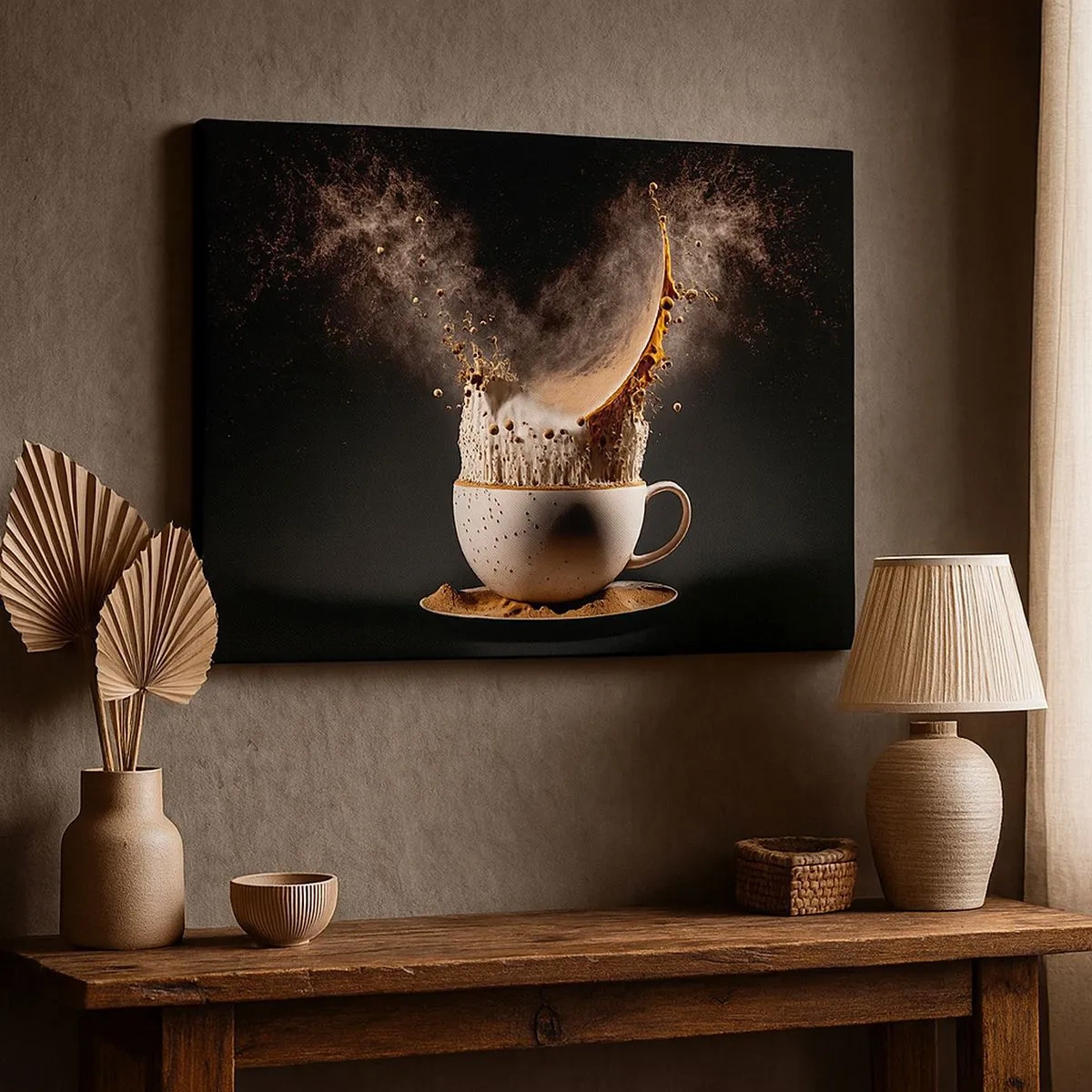 Cuadro sobre lienzo - Impresión de Imagen - Una taza de café con una explosión dinámica de líquido sobre un fondo negro. - 70x50cm - Una explosión de sabor - Decoración de pared moderna para salón y dormitorio ARTTOR