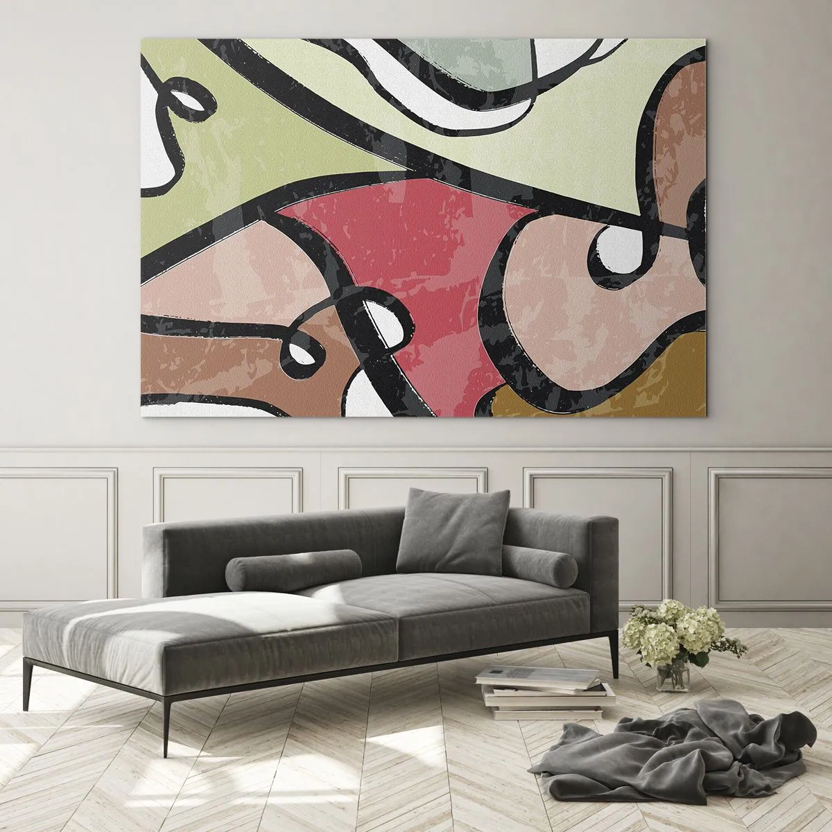 Cuadro sobre vidrio - Impresiones sobre Vidrio - Abstracción colorida con líneas negras. - 70x50cm - Piruetas entre colores - Decoración de pared moderna para salón y dormitorio ARTTOR