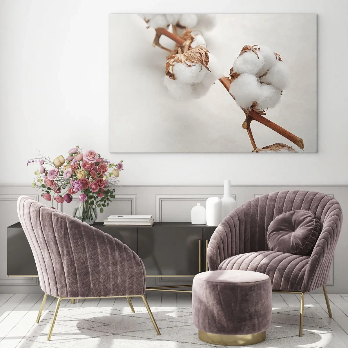 Cuadro sobre vidrio - Impresiones sobre Vidrio - Primer plano de una rama de algodón sobre un fondo claro - 70x50cm - Un suave tacto - Decoración de pared moderna para salón y dormitorio ARTTOR