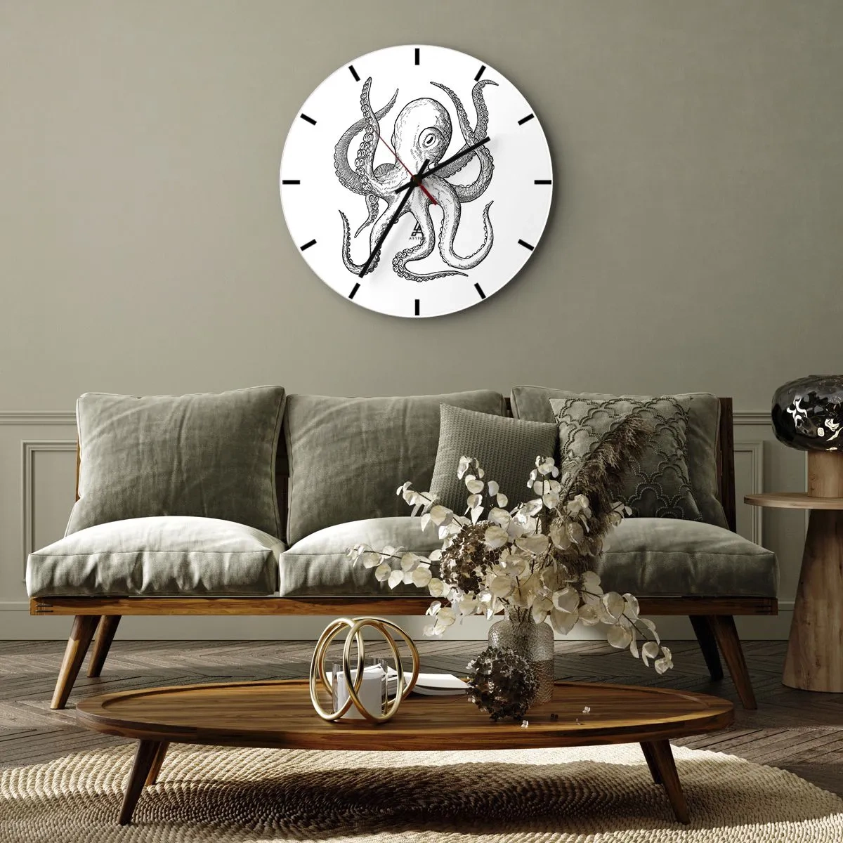 Reloj de pared - Reloj de vidrio - Ilustración de pulpo de estilo vintage sobre fondo blanco - 30x30cm - Bailando con olas - Decoración de pared moderna para salón, cocina y dormitorio ARTTOR