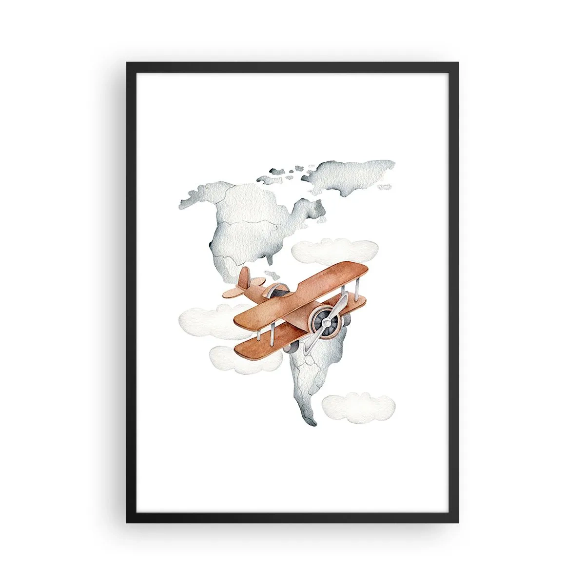 Póster en marco negro - Un biplano sobre un mapa del mundo en las nubes. - 50x70cm - Con espíritu pionero - Decoración de pared moderna para salón y dormitorio ARTTOR