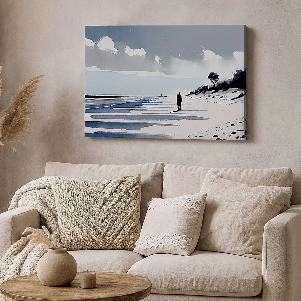 Cuadro sobre lienzo - Impresión de Imagen - Una figura solitaria caminando por una playa vacía - 70x50cm - Solo conmigo mismo - Decoración de pared moderna para salón y dormitorio ARTTOR