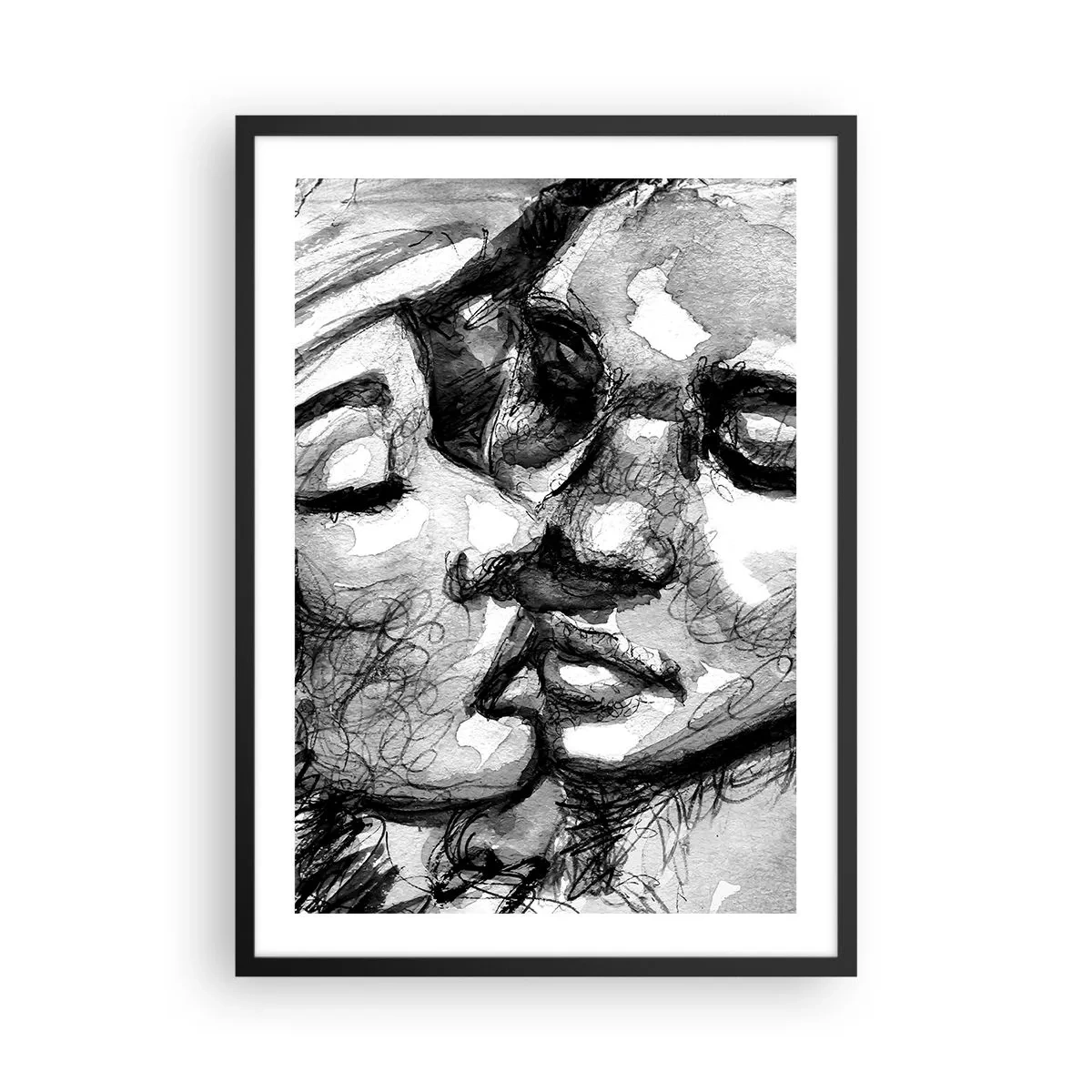 Póster en marco negro - Retrato abstracto en blanco y negro de un beso - 50x70cm - Un momento tierno - Decoración de pared moderna para salón y dormitorio ARTTOR