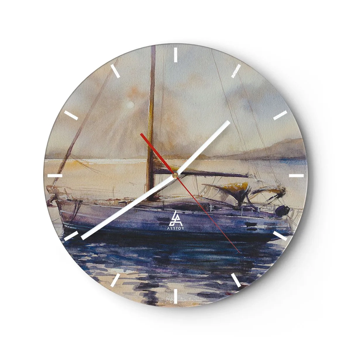 Reloj de pared - Reloj de vidrio - Un yate en el agua al atardecer en estilo acuarela. - 30x30cm - Atardecer en la bahía - Decoración de pared moderna para salón, cocina y dormitorio ARTTOR