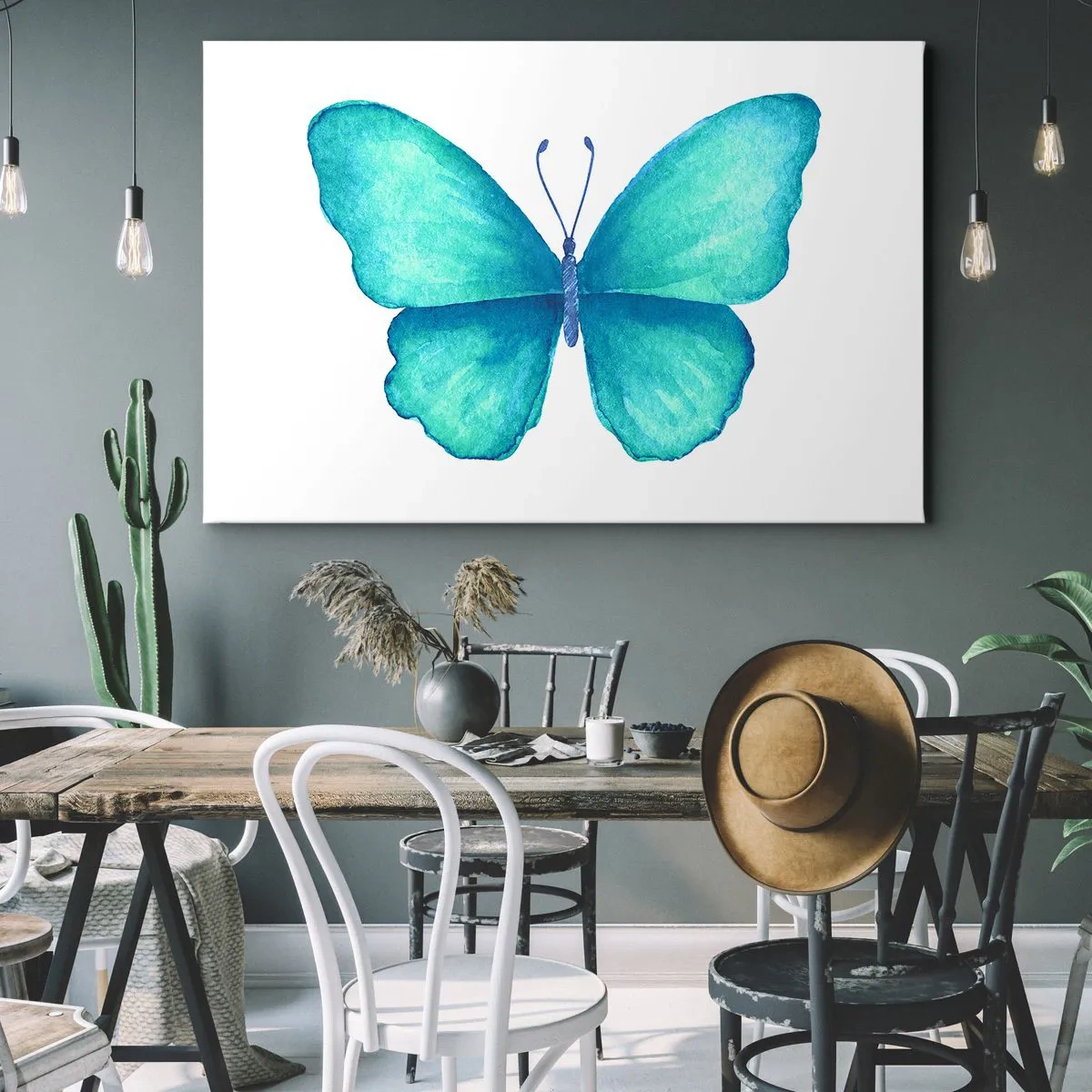 Cuadro sobre lienzo - Impresión de Imagen - Mariposa azul en estilo acuarela sobre fondo blanco - 70x50cm - Turquesa por naturaleza - Decoración de pared moderna para salón y dormitorio ARTTOR