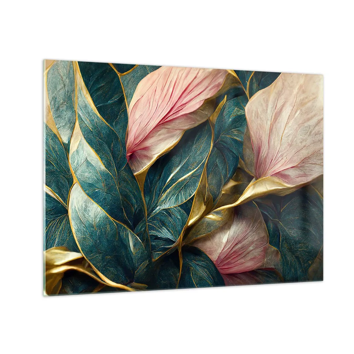 Cuadro sobre vidrio - Impresiones sobre Vidrio - Hojas verdes y rosas con acentos dorados. - 70x50cm - Elegancia y estilo naturales - Decoración de pared moderna para salón y dormitorio ARTTOR
