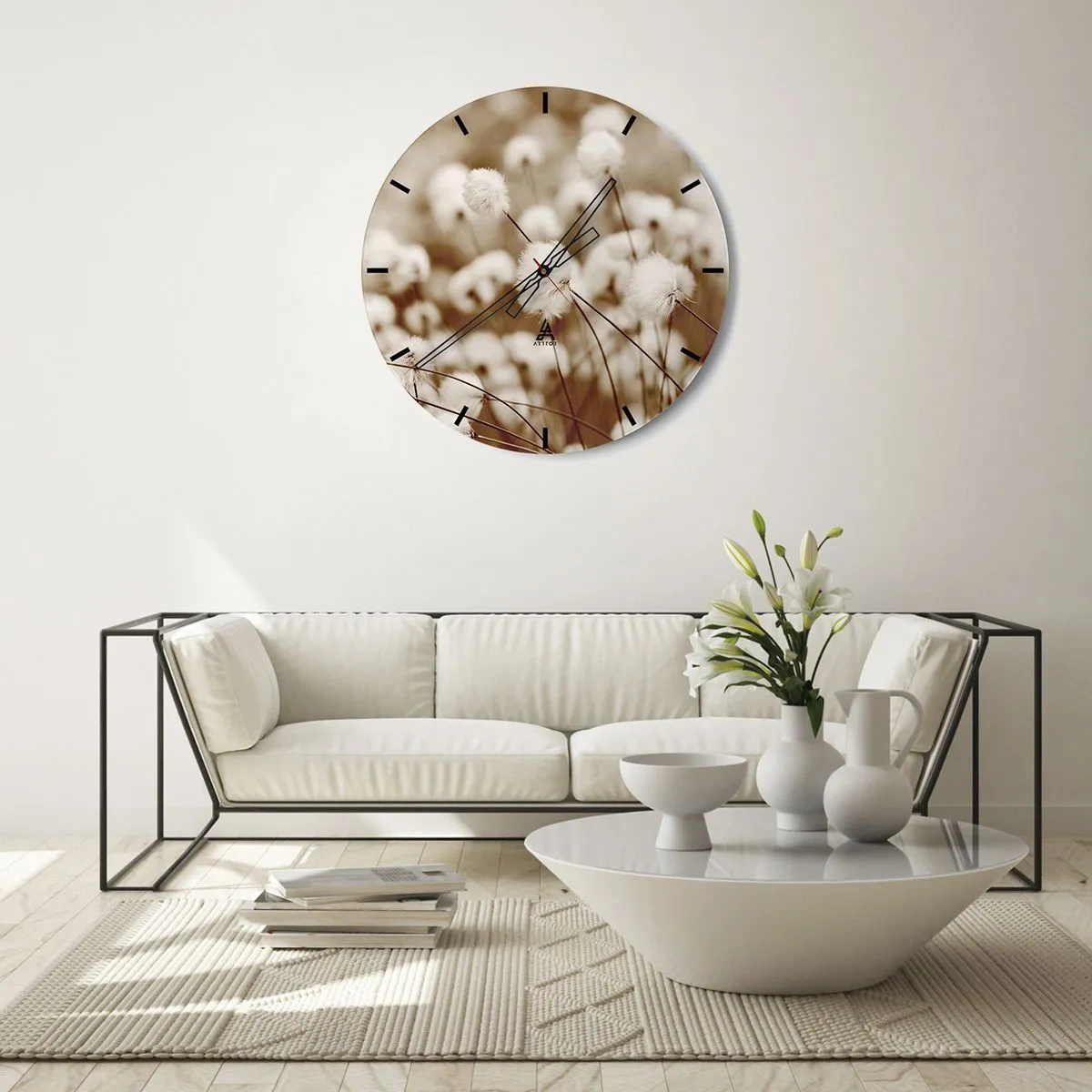 Reloj de pared - Reloj de vidrio - Plantas blancas y esponjosas contra un prado sepia brumoso - 30x30cm - Un mullido colchón - Decoración de pared moderna para salón, cocina y dormitorio ARTTOR