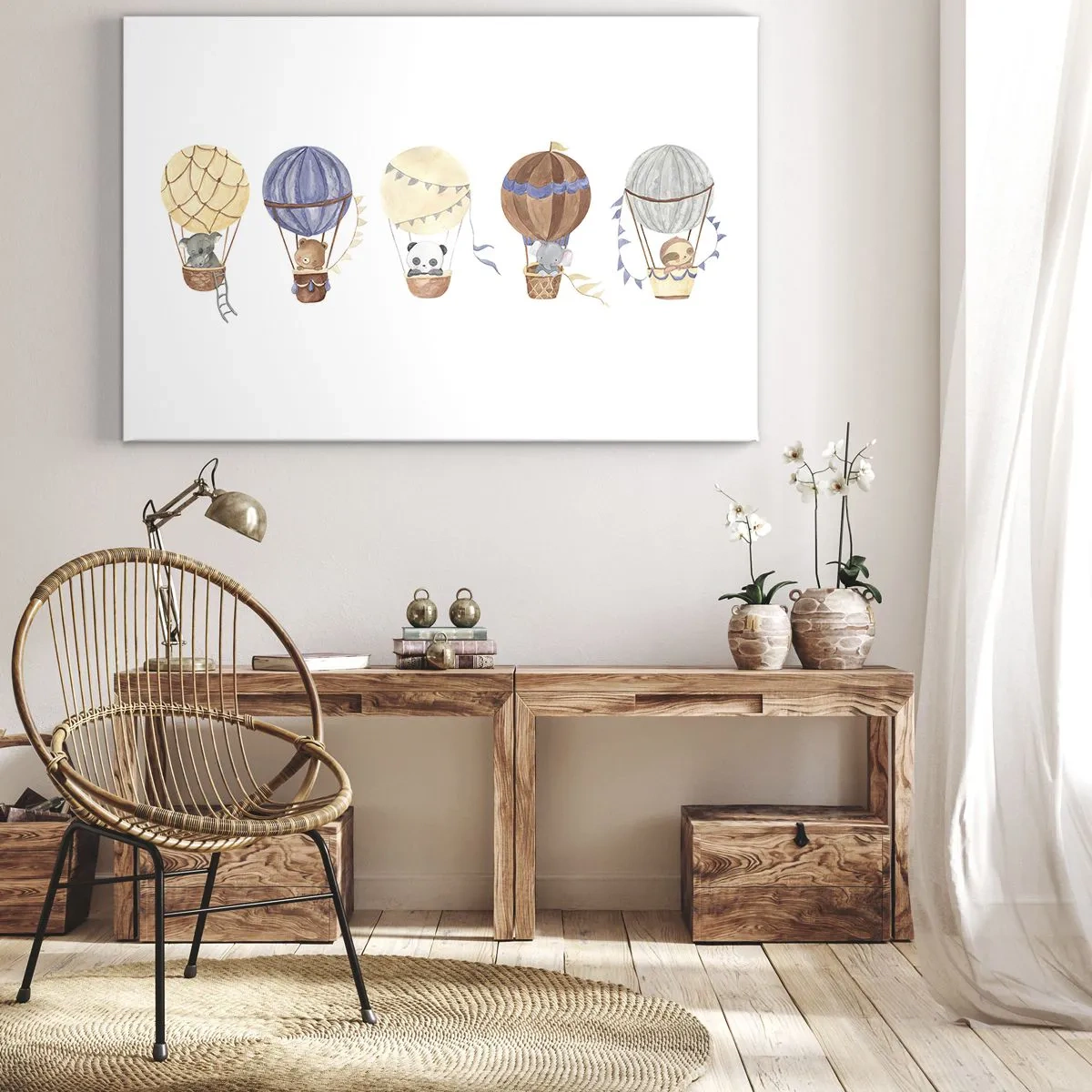 Cuadro sobre lienzo - Impresión de Imagen - Lindos animales en globos sobre un fondo blanco. - 70x50cm - Amigos de viaje - Decoración de pared moderna para salón y dormitorio ARTTOR