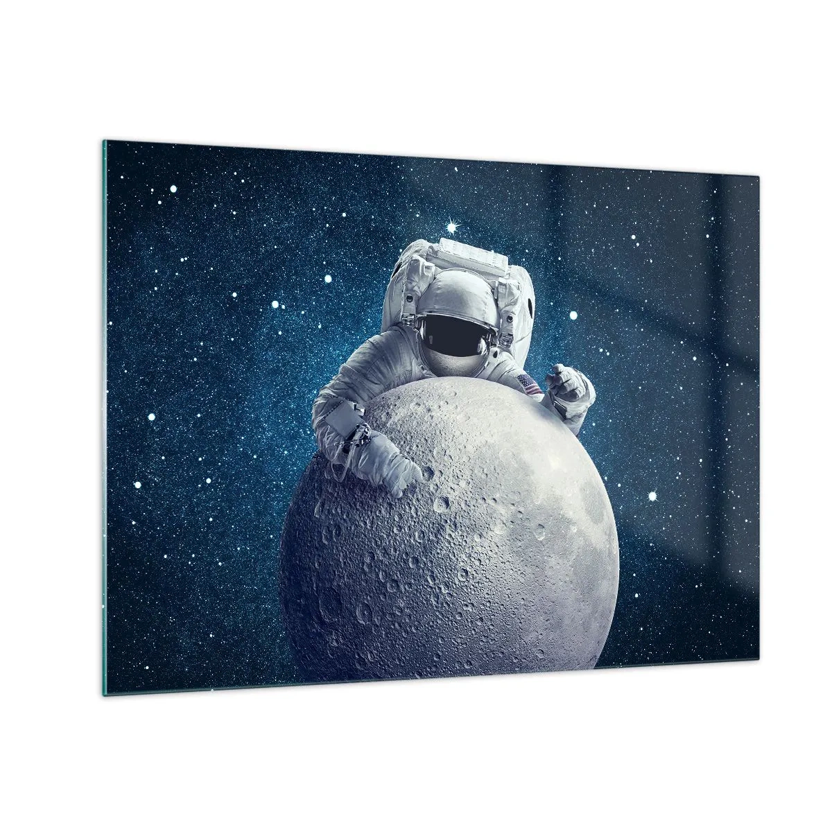 Cuadro sobre vidrio - Impresiones sobre Vidrio - Astronauta abrazando la luna contra un cielo estrellado - 70x50cm - Bromista espacial - Decoración de pared moderna para salón y dormitorio ARTTOR