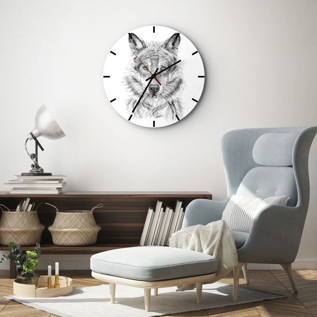 Reloj de pared - Reloj de vidrio - Boceto en blanco y negro de la cabeza de un lobo sobre un fondo blanco. - 30x30cm - Un líder nato - Decoración de pared moderna para salón, cocina y dormitorio ARTTOR