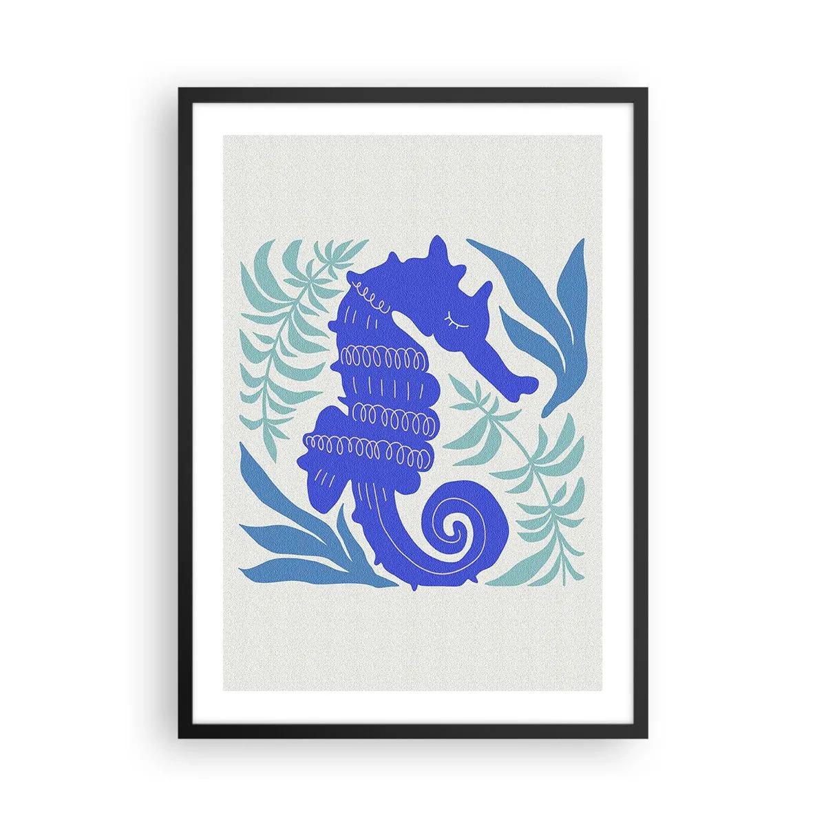 Póster en marco negro - Un caballito de mar estilizado rodeado de vegetación. - 50x70cm - En una pradera submarina - Decoración de pared moderna para salón y dormitorio ARTTOR