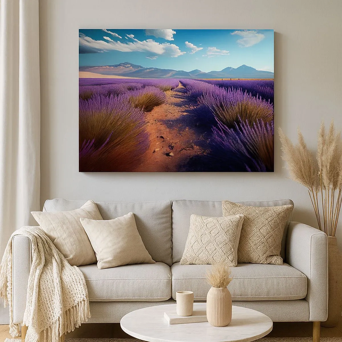 Cuadro sobre lienzo - Impresión de Imagen - Un campo de lavanda con vistas a las montañas y al cielo azul. - 70x50cm - Campos fragantes - Decoración de pared moderna para salón y dormitorio ARTTOR
